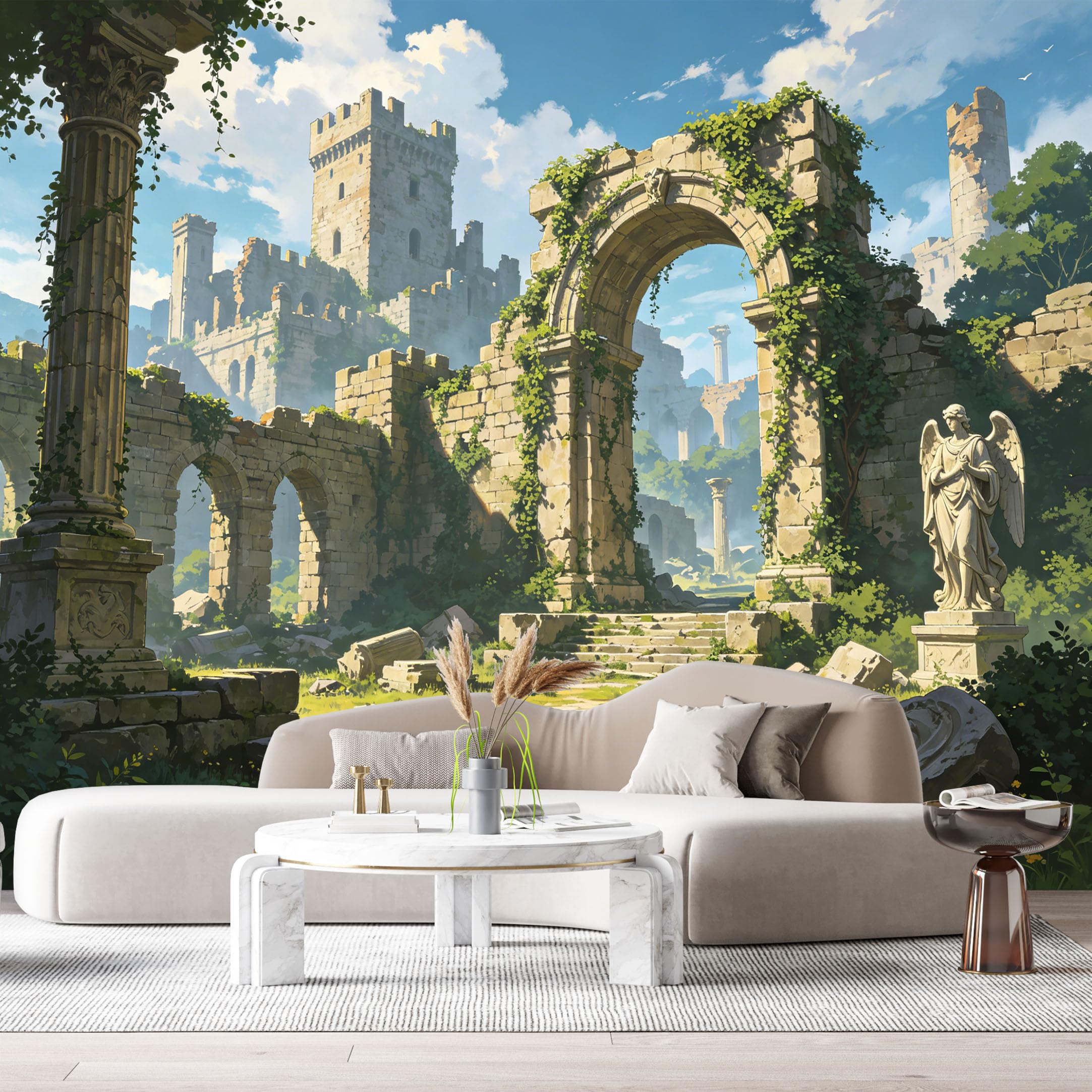 Custom Size Wall Murals Neoclassical Ruins Stone Archway Ancient Castle Statue 3D Trompe L'Oeil SelfAdhesive Wall Fabric Removable Large Wallpaper for Photo Living Room