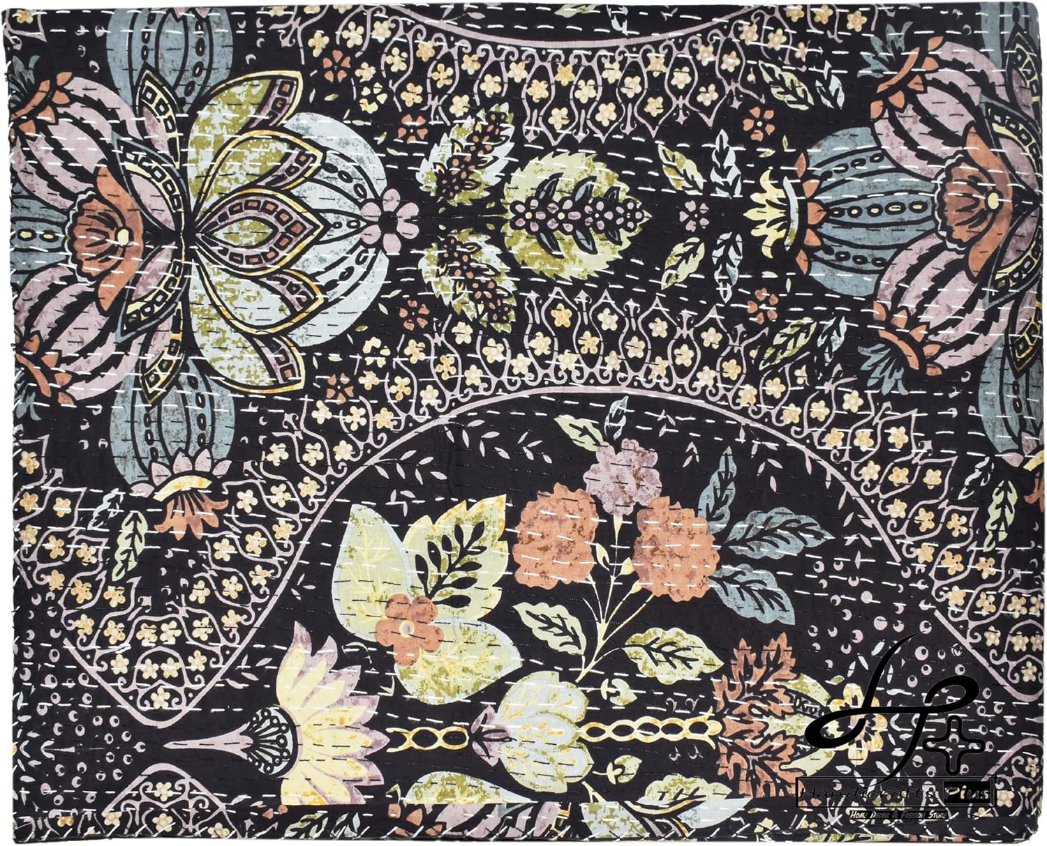 King/Queen Size Kantha Quilt Floral Print Cotton Blanket Handmade Bedcover Beautiful Coverlet New Black Throw 90X108
