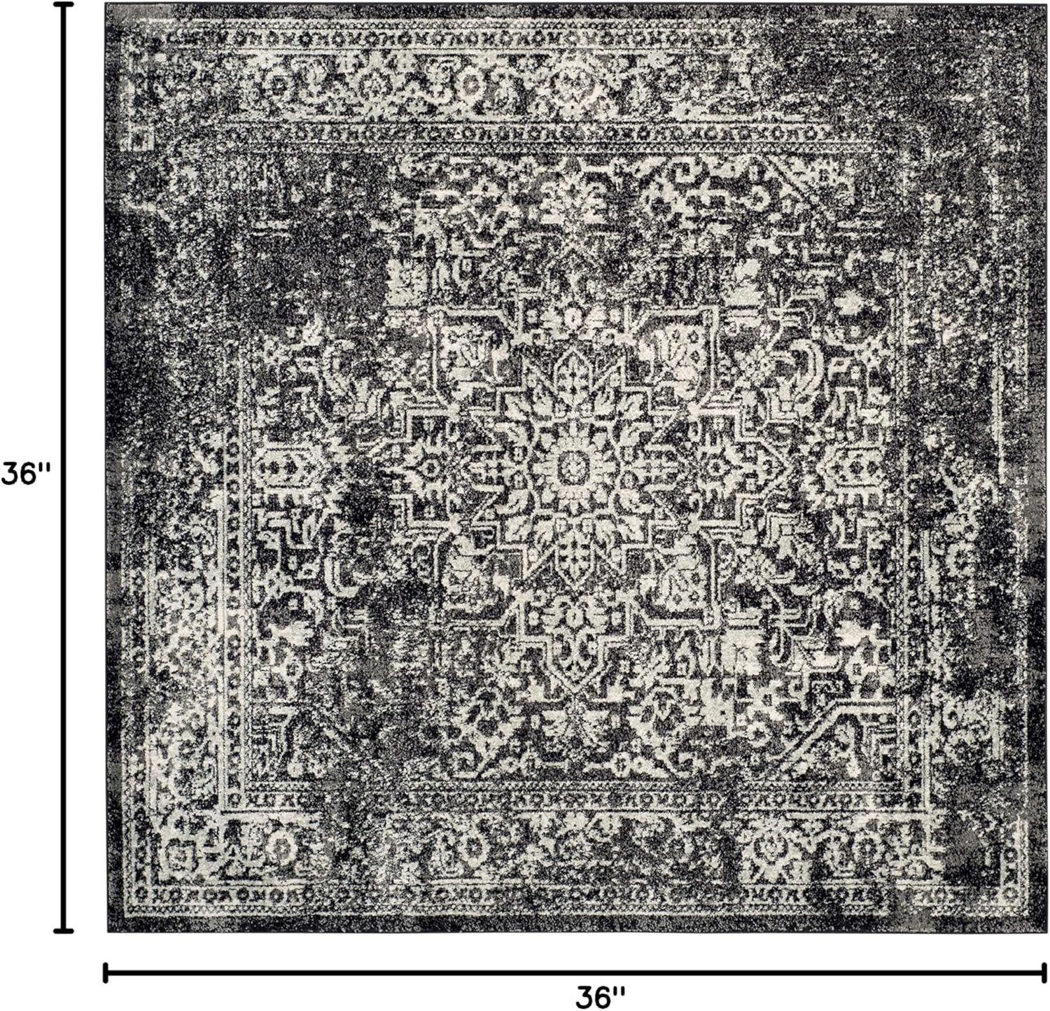 SAFAVIEH Evoke Collection Area Rug - 3' Square, Black & Grey, Distressed Design, Non-Shedding & Easy to Clean, Ideal for Foyer, Bedroom, Accent Space (EVK256R)