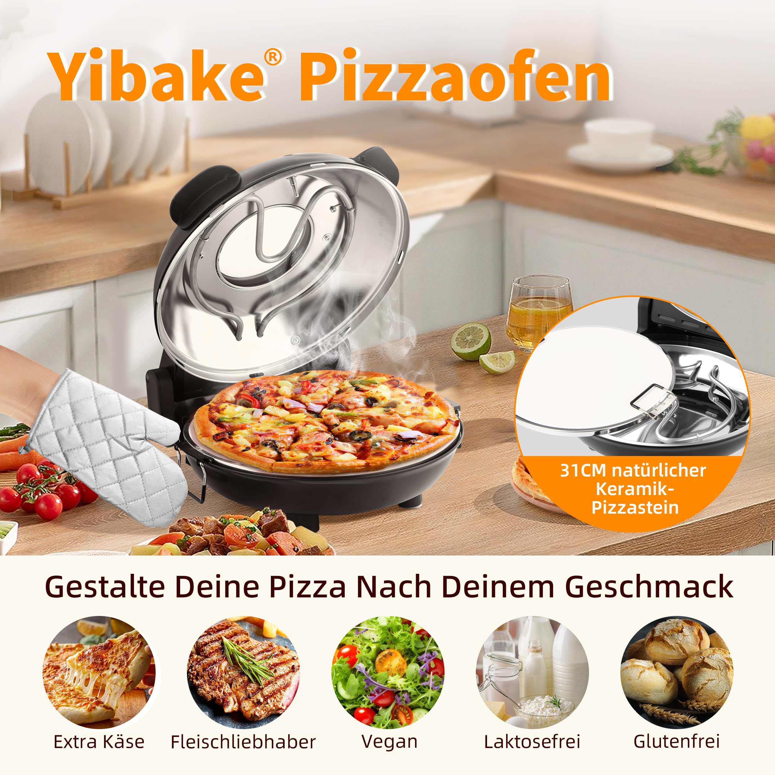 Pizzaofen elektrisch, 1200W Pizzabäcker in 4-Min-Pizza, 31cm Feuerfeste Pizzastein, Max 420℃ Pizzaofen mit 5 Garstufen, inkl. Pizzaschaber & Pizzaschieber, Schwarz