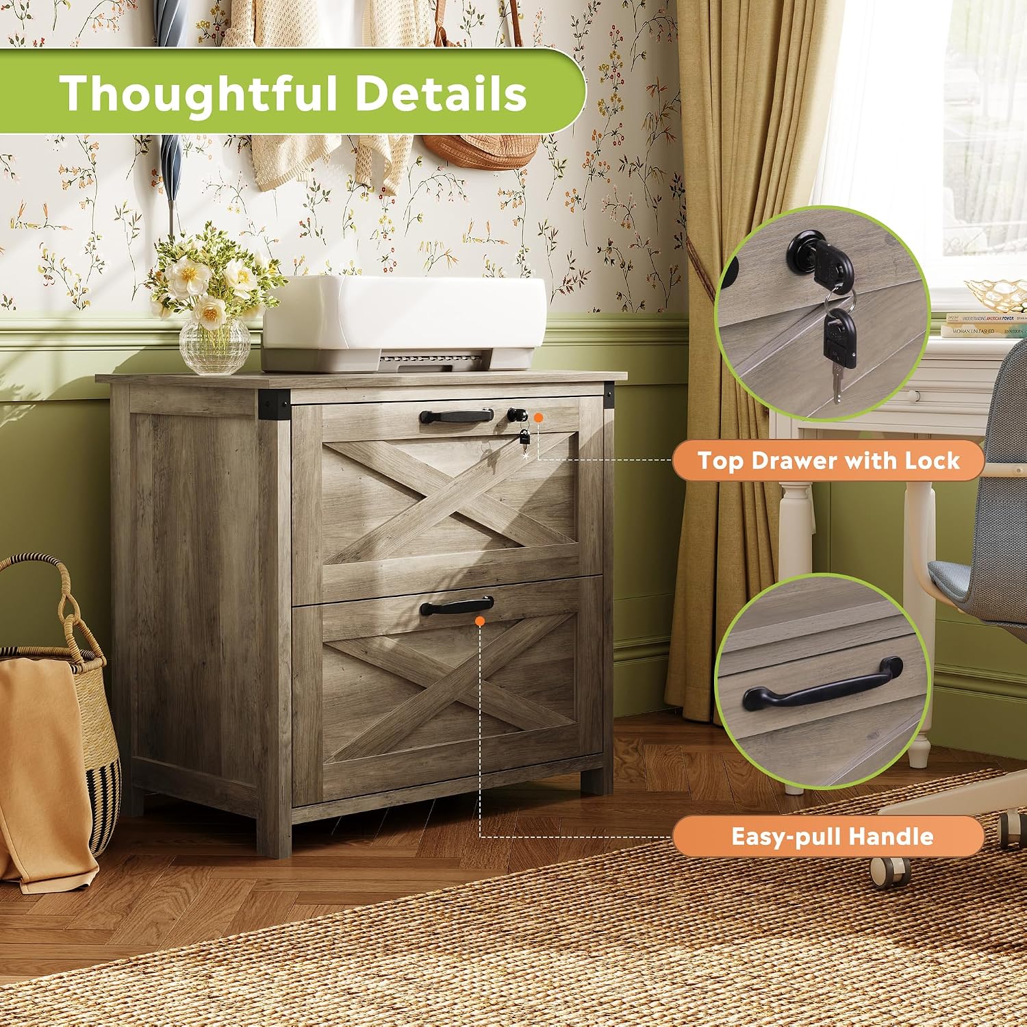 Close-up images highlighting the lockable top drawer with keys and the easy-pull metal handles on the DEVAISE file gabinet.