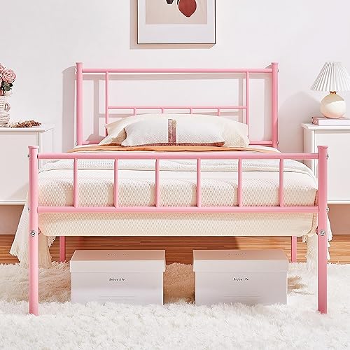 Yaheetech Twin Size Platform Metal Bed Frame with Headboard and Footboard/Mattress Foundation/No Box Spring Needed/Under Bed Storage/Strong Slat Support, Pink
