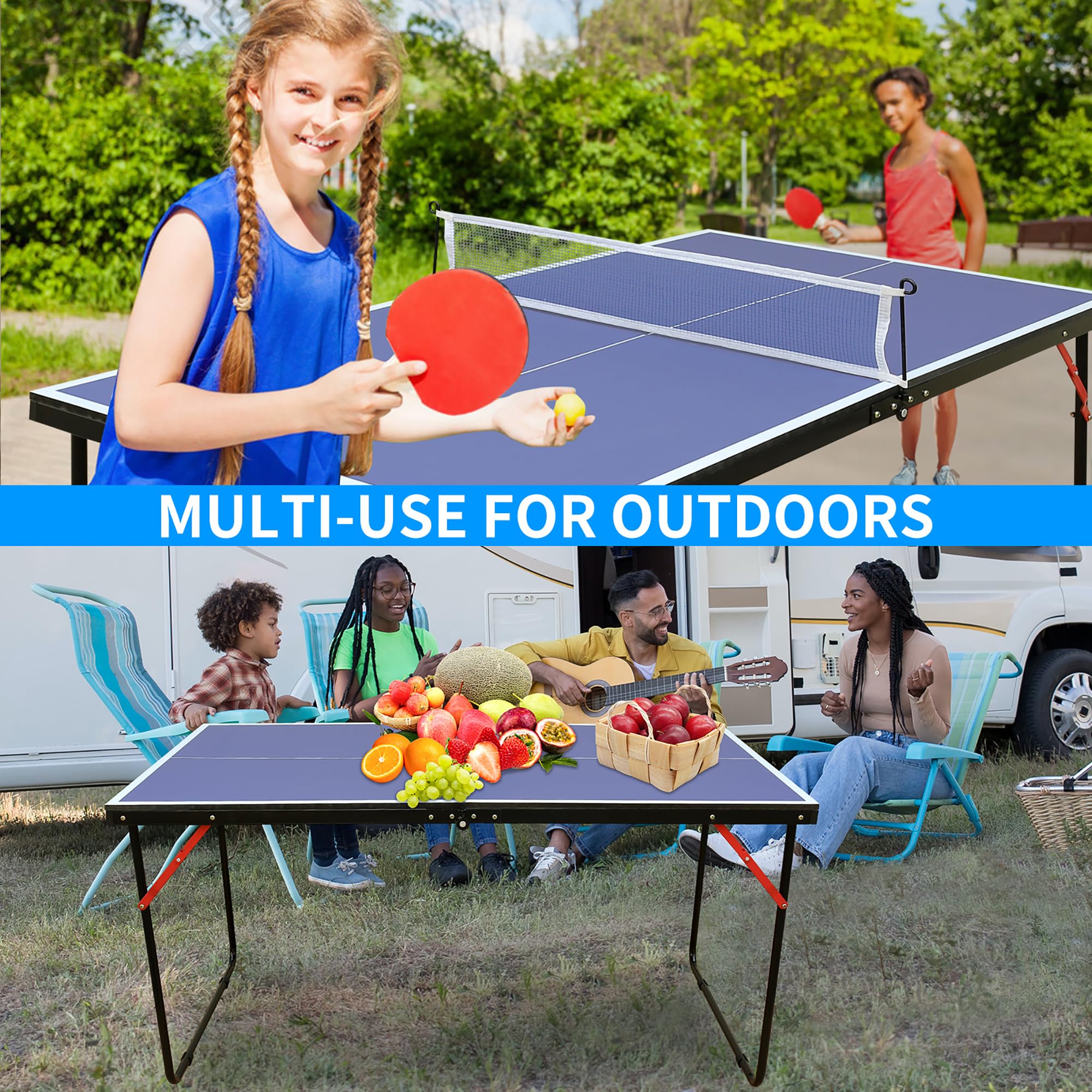 Tavolo da ping pong pieghevole da 137 cm, set da ping pong con rete e 2 racchette, pannello in MDF blu, gambe in metallo a forma di U, antiscivolo, salvaspazio, per interni ed esterni, bambini e