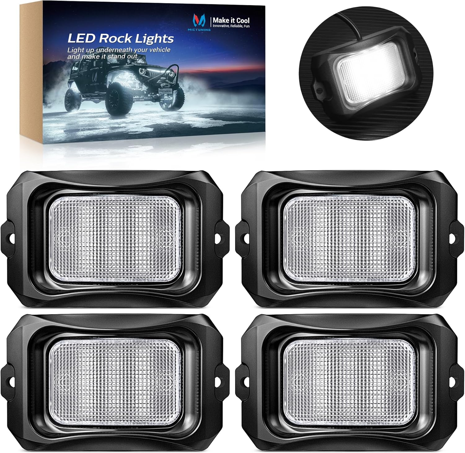 MICTUNING C2 Curved White LED Rock Lights - 4 Pods Underglow Lights Compatible for Car Truck Offroad ATV UTV Boat