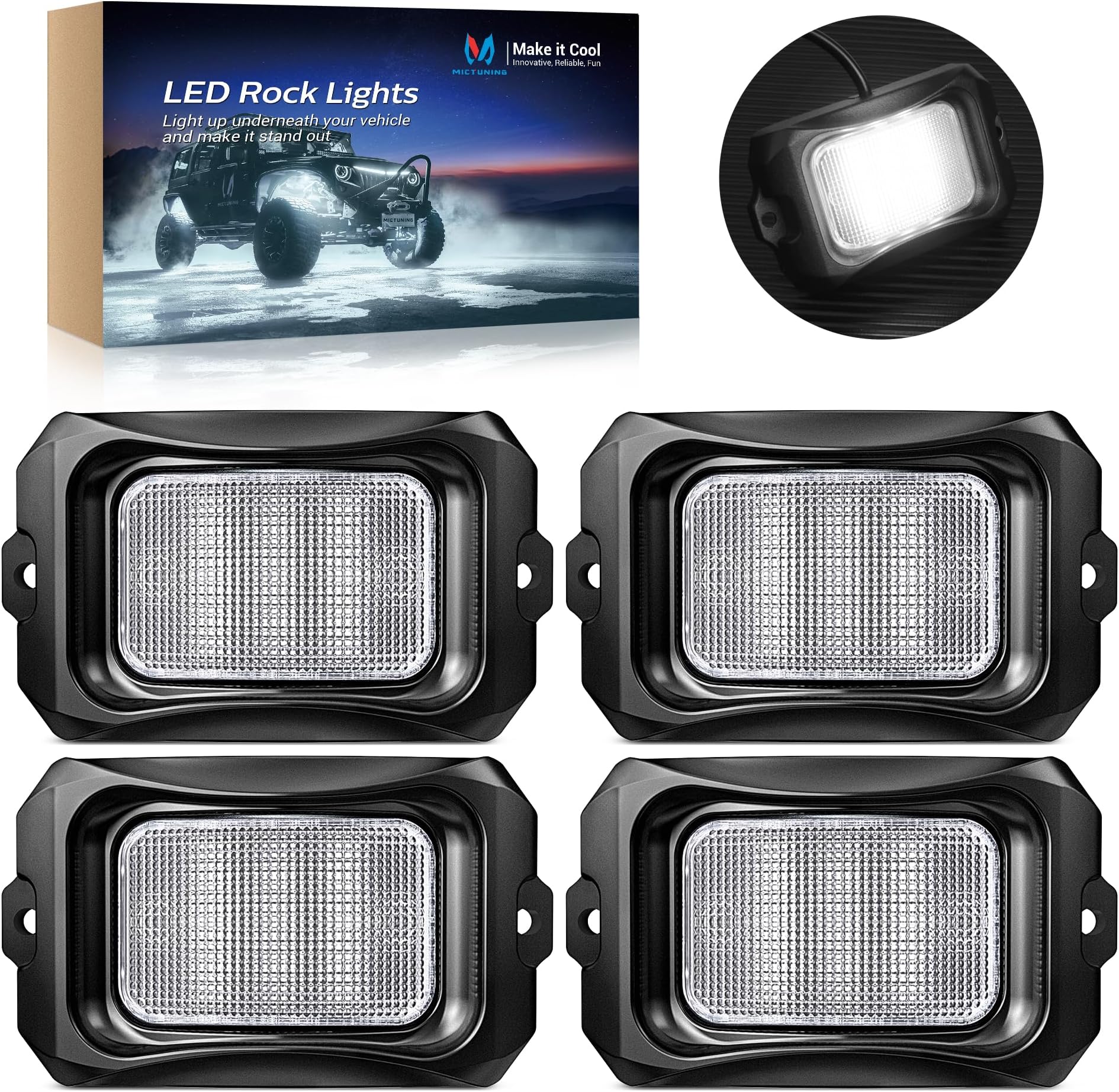MICTUNING C2 Curved White LED Rock Lights - 4 Pods Underglow Lights Compatible for Car Truck Offroad ATV UTV Boat
