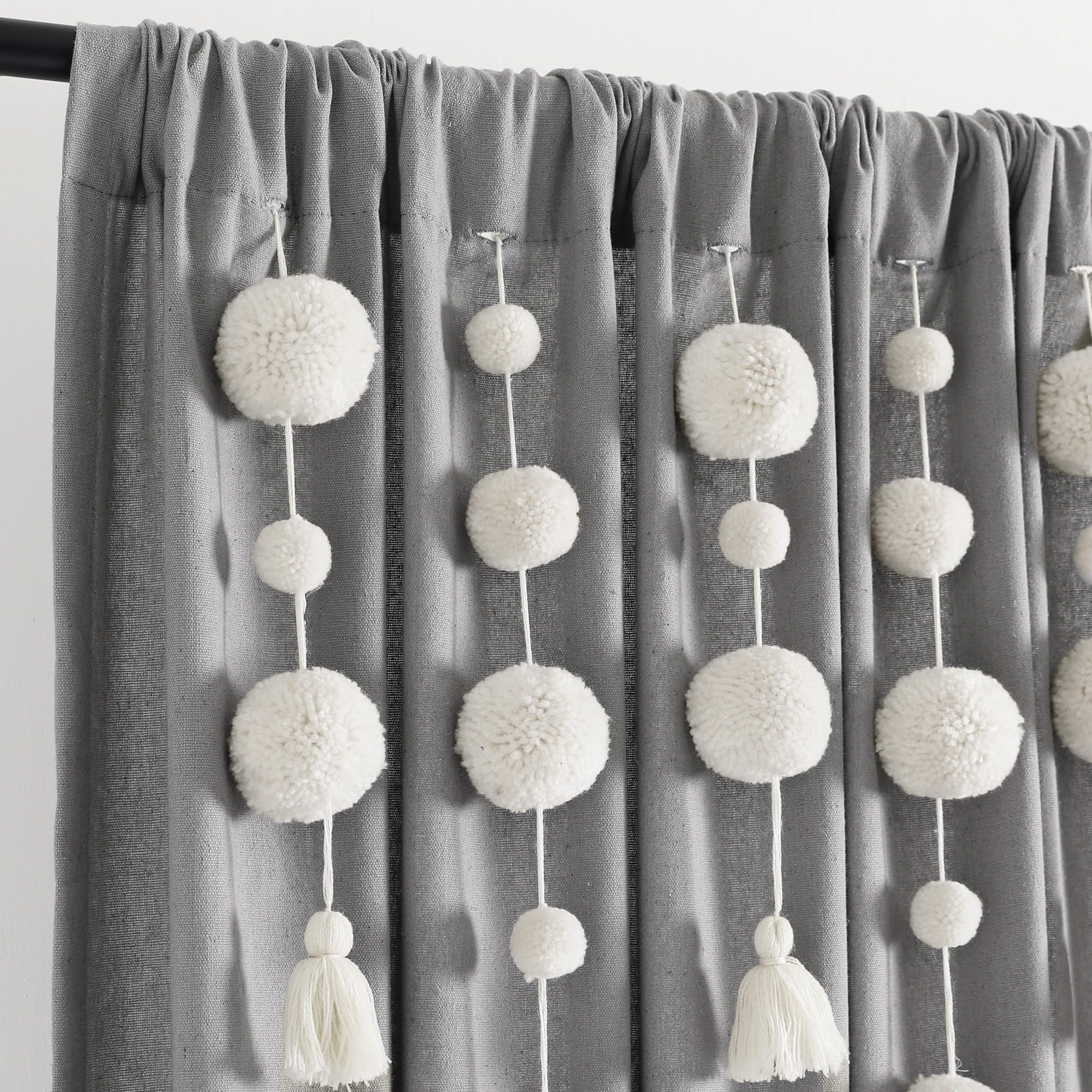 Lush Decor Boho Pom Pom Tassel Linen Window Curtain Panel (Single Panel), 95" L x 52" W, Dark Gray, W 52" x L 95" (1 Panels) - Image 3