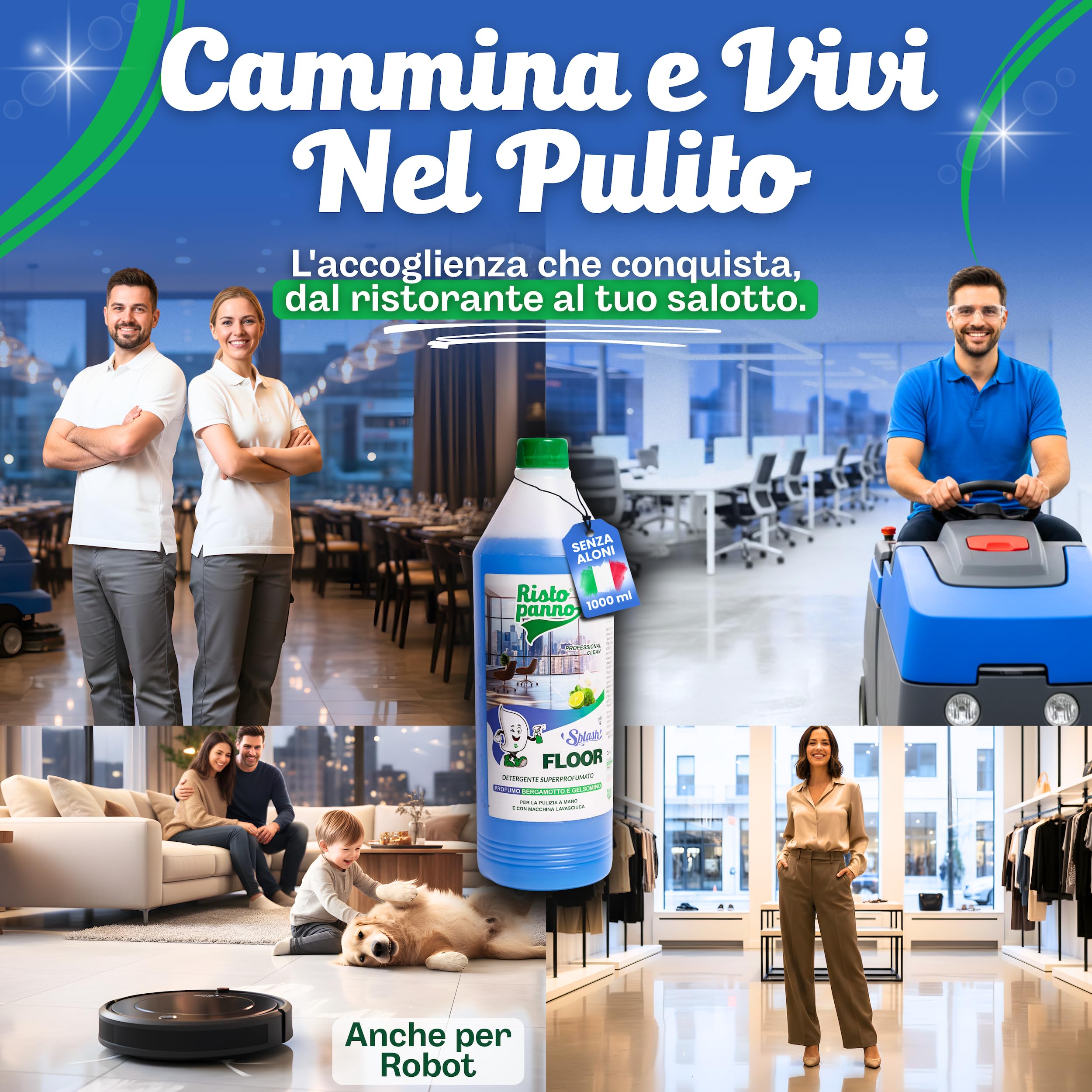 3PZ x 1L Lavapavimenti Professionale Super Profumato | Senza Risciacquo - Bergamotto e Gelsomino - Detergente Pavimenti Manuale o Macchina - Prodotti Pulizia SPLASH FLOOR