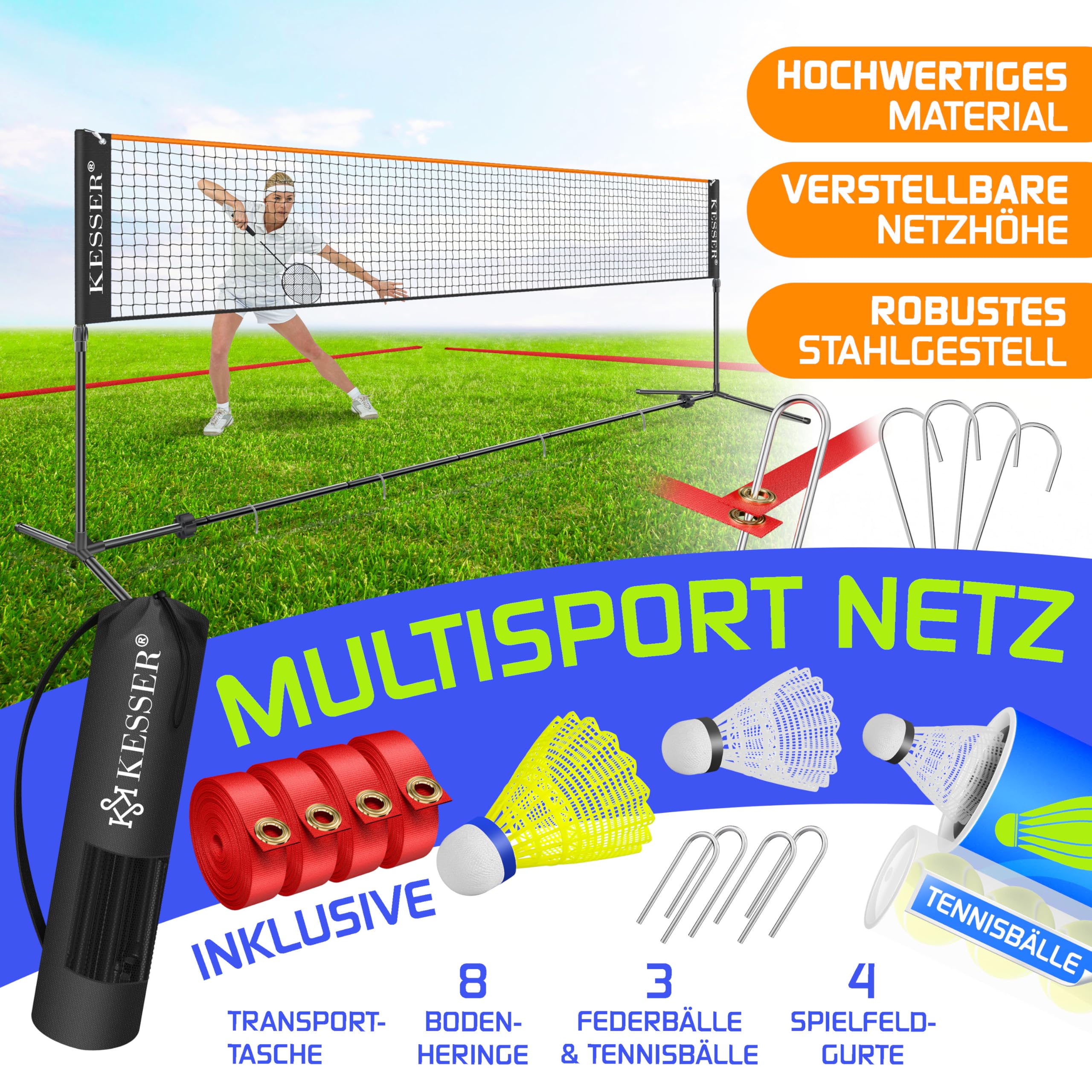 KESSER® Badmintonnetz Tennisnetz | Federballnetz 3-Fach-Höhenverstellbar 107/120/155cm, Set bestehend aus Netz, 3X Federball & 3X Tennisball, Transporttasche, stabilem Eisen-Gestell, Indoor & Outdoor