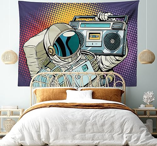 Miniatura 5 de Lunarable Tapiz de rapero, astronauta con un boombox retro para escuchar música en el espacio, impresión de audio de tira cómica, decoración de tela