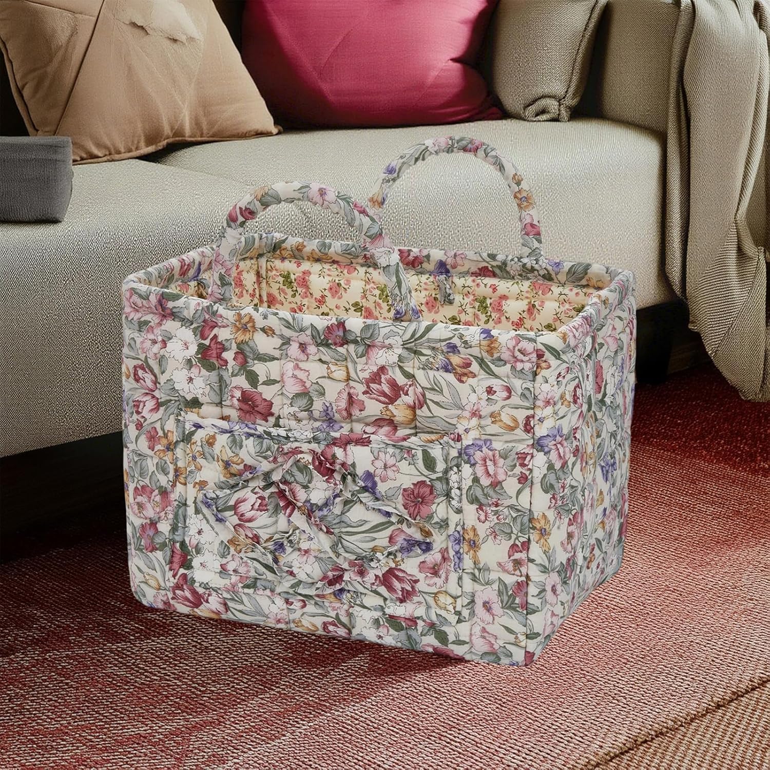 Quilted Laundry Basket with Handles - Multi-Purpose Fabric Storage Basket，Boho Fabric Storage Baskets with Handles for Car, Home & Nursery - Collapsible Square Organizer (multicolor)