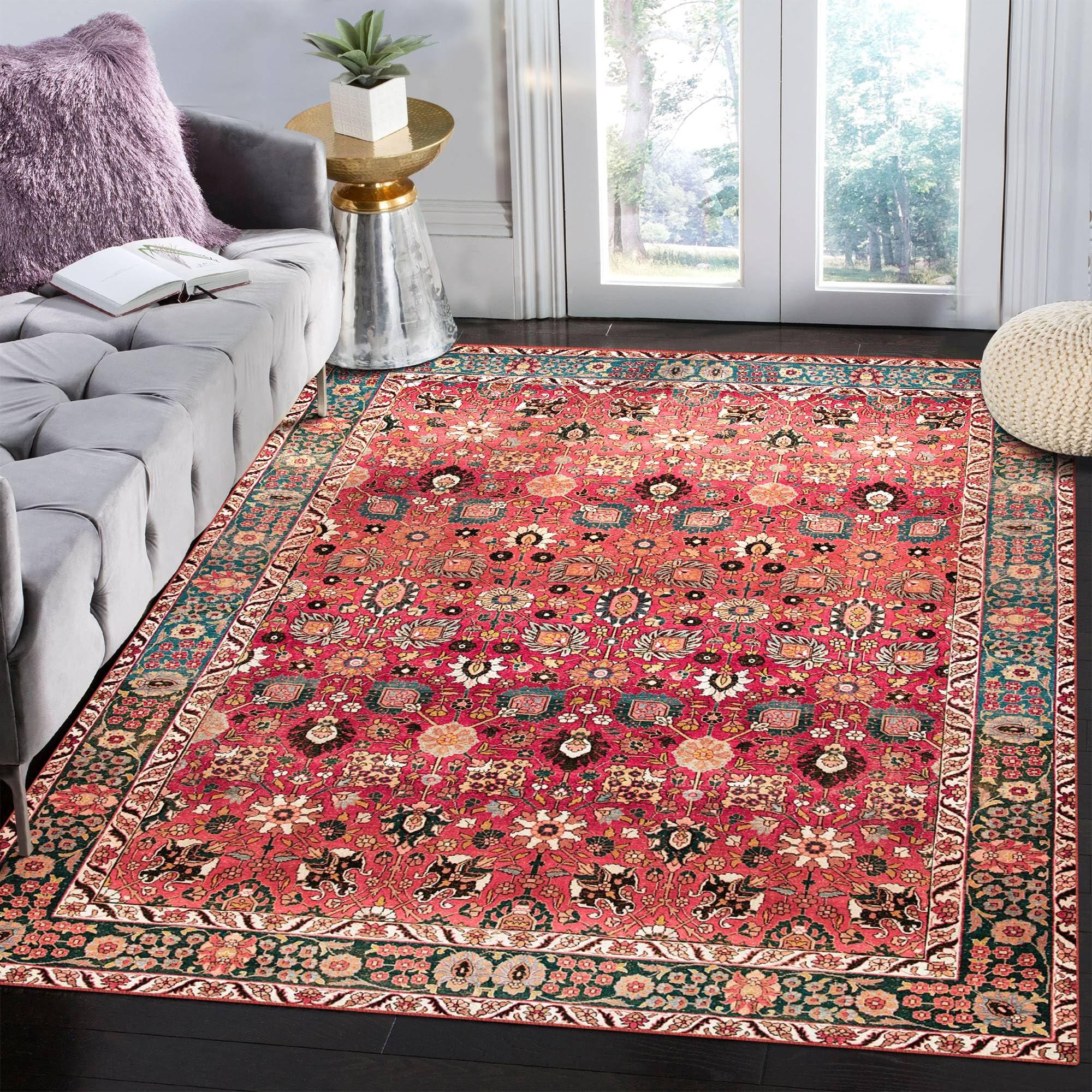 vivorug Washable Rug, Ultra Soft Area Rug 9x12, Non Slip Vintage Rug Foldable, Stain Resistant Rugs for Living Room Bedroom, Modern Fuzzy Rug (Cherry Red/Spice, 9'x12')