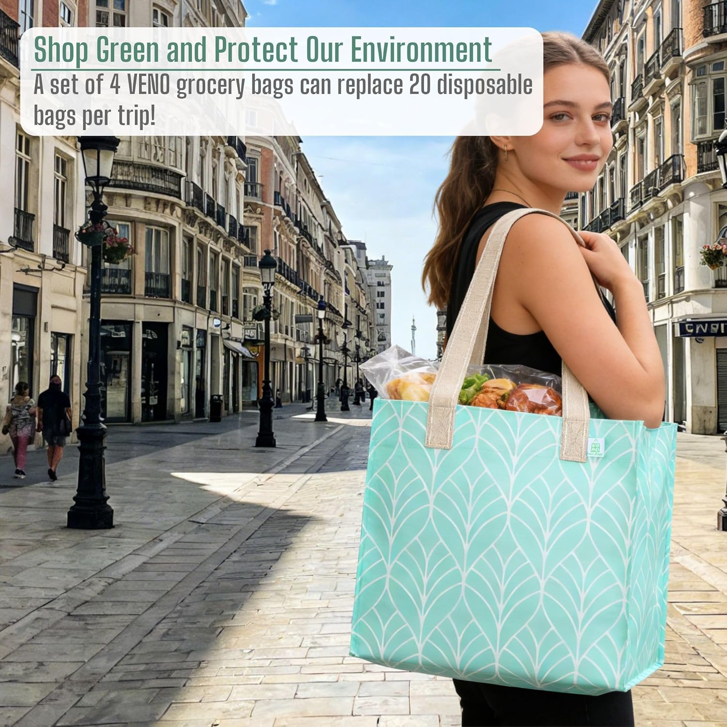 VENO 4 Pack Reusable Grocery Shopping Bags, Heavy-Duty Tote Bags with Handles, for Shopping Cart with Hard Bottom to Stand Upright, Foldable (Evergreen, 4 Pack) - Image 7