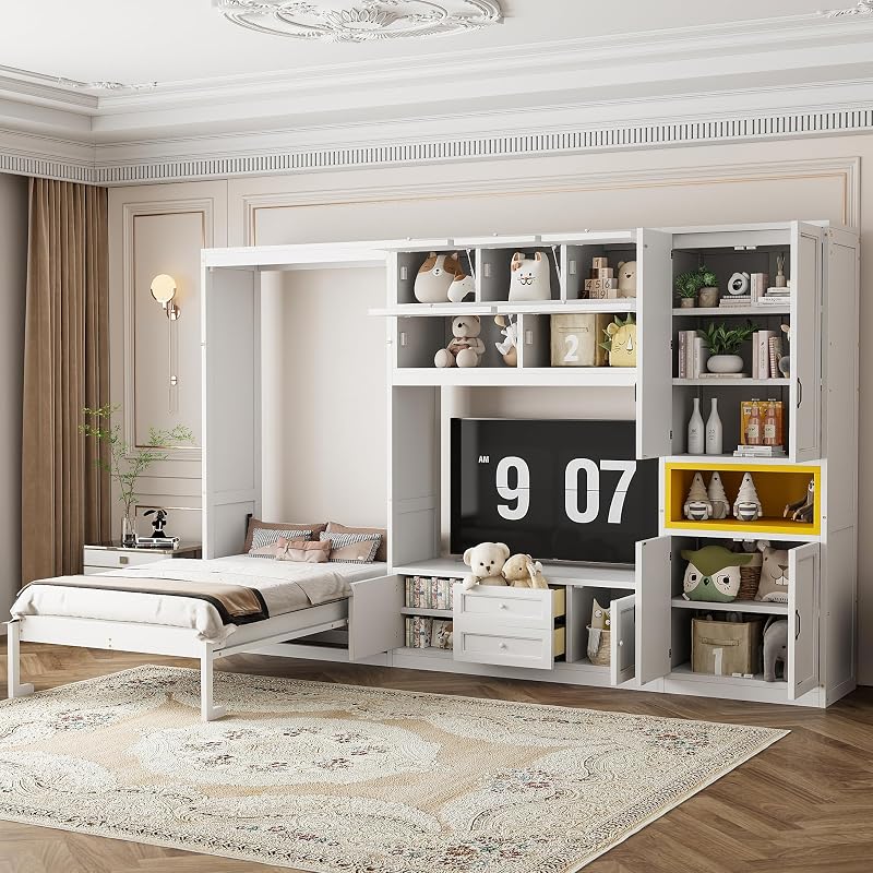 Ball & Cast Twin Size Murphy Bed with Integrated TV Stand and 2 Storage Drawers,Wood Hideaway Wall Beds w/Shelves & Cabinets,can be Folded,Space-Saving,for Small Room,Dorms,Color-Blocking,White image 3