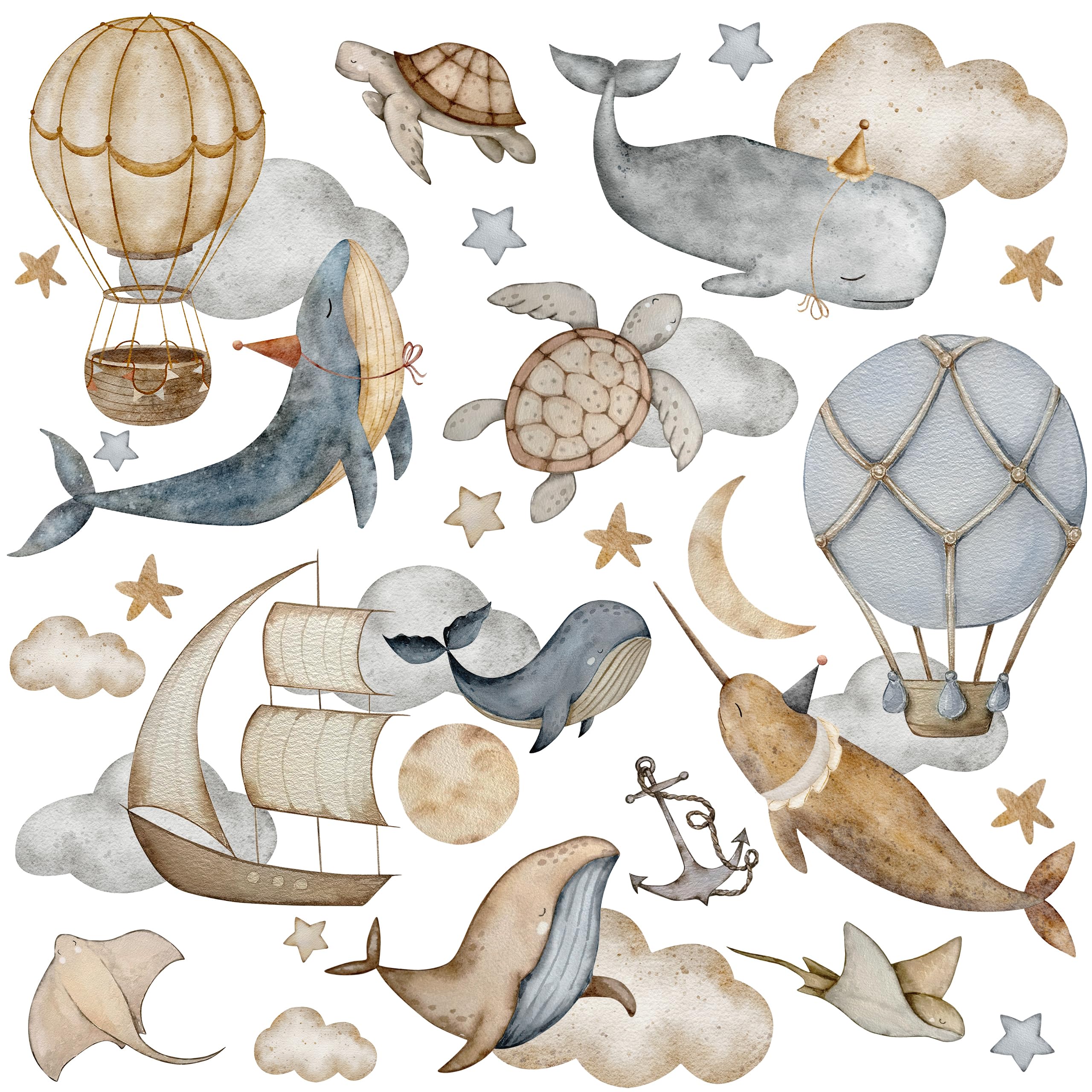 Muralo Sticker Set für Mädchen und Jungen - Aquarell Aufkleber Wandsticker Tattoo für Kinderzimmer - Wandaufkleber Wale in den Wolken Motiv - Br.120cm x Hö.60cm