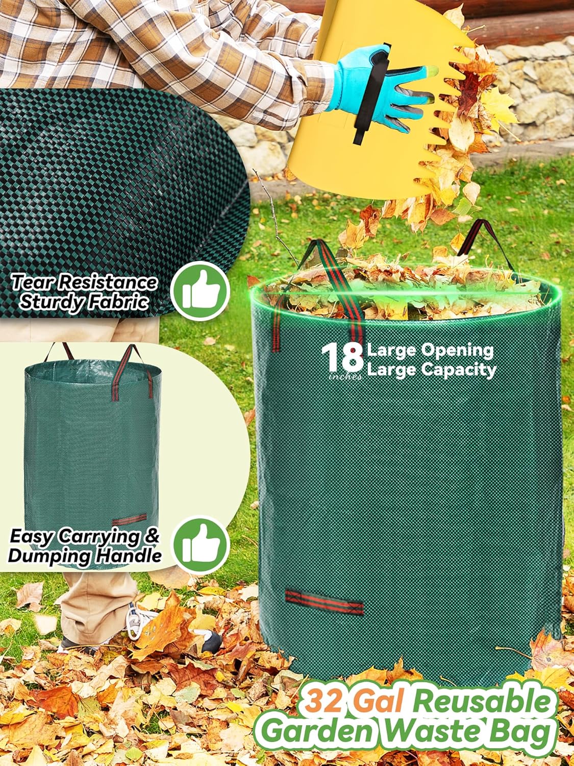 Garden Rake for Leaves Lawns, 3-in-1 Gardening Tools Set with 5 ft Metal Rake, Leaf Scoops Hand Claws, 32 Gallon Reusable Yard Waste Bag, Heavy Duty 25-Tine Rakes for Quick Pick Up, Clear n Collect