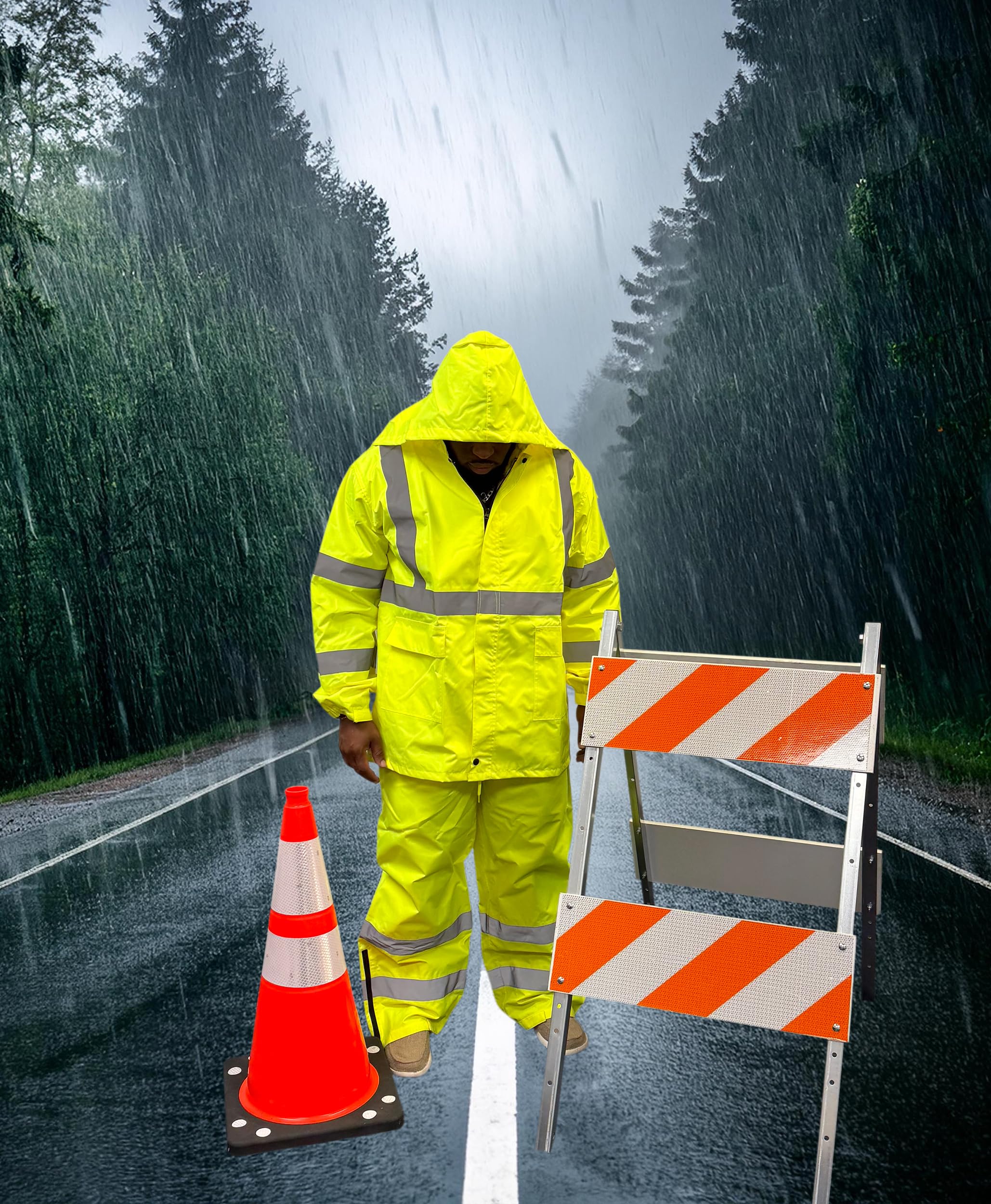 OrangeGear High Visibility Hooded Class 3 Reflective Heavy Duty Lime Waterproof Safety Rain Jacket & Pant Suit (4X-Large)
