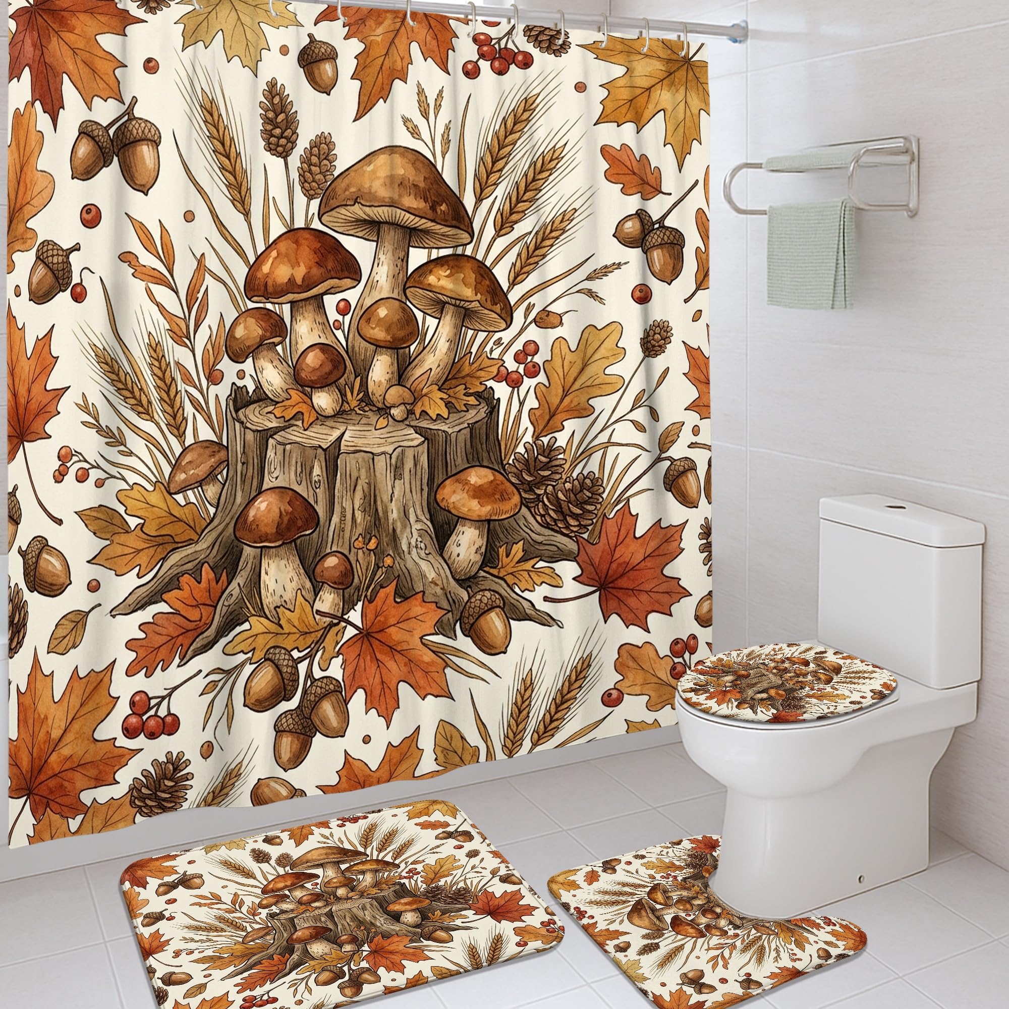 Rideau de douche champignons ambiance rustique naturelle automne