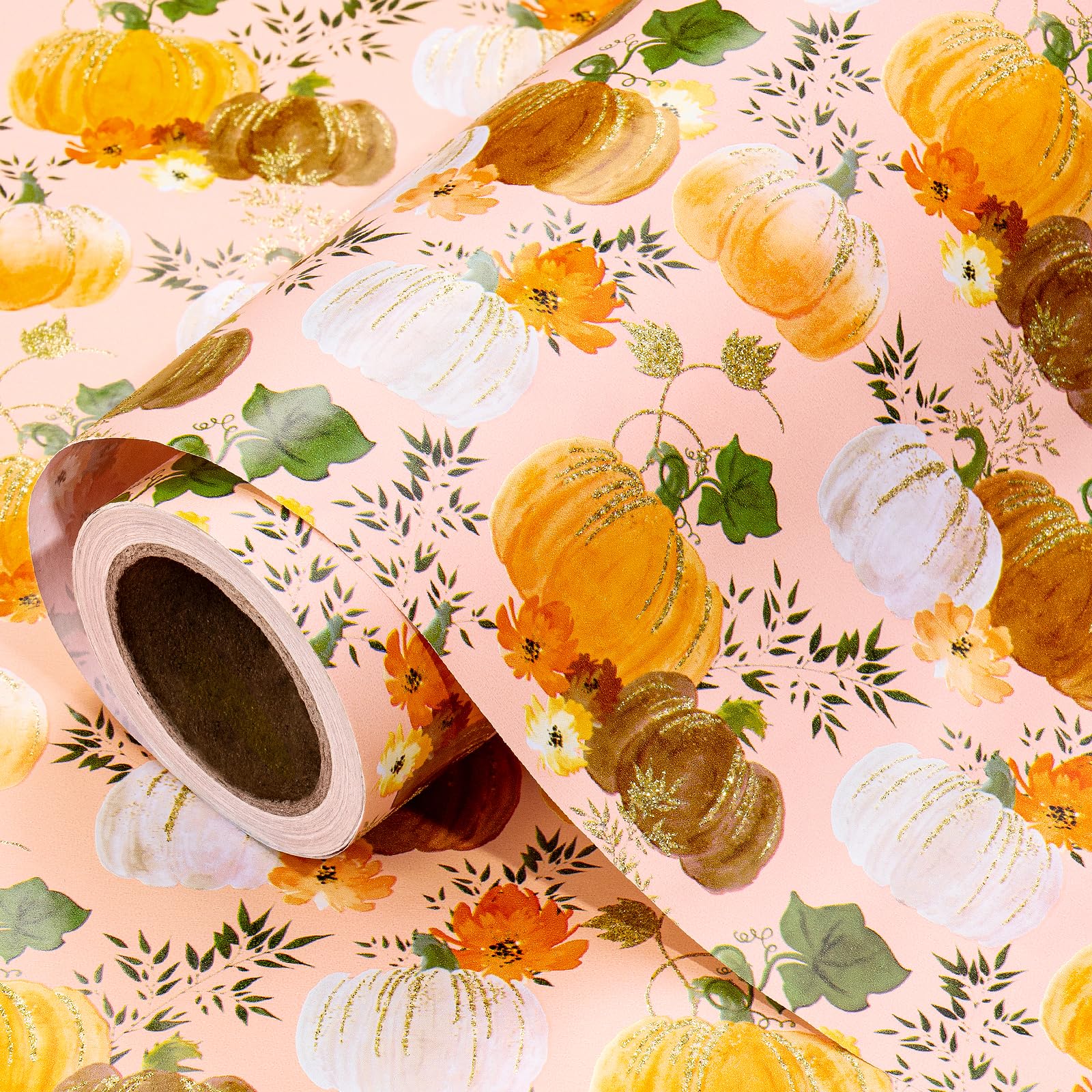 RUSPEPA Glitter Foil Fall Pumpkin Wrapping Paper Mini Roll, Autumn Harvest Floral Pumpkin Design, 43.2cm x 5m โ image 1