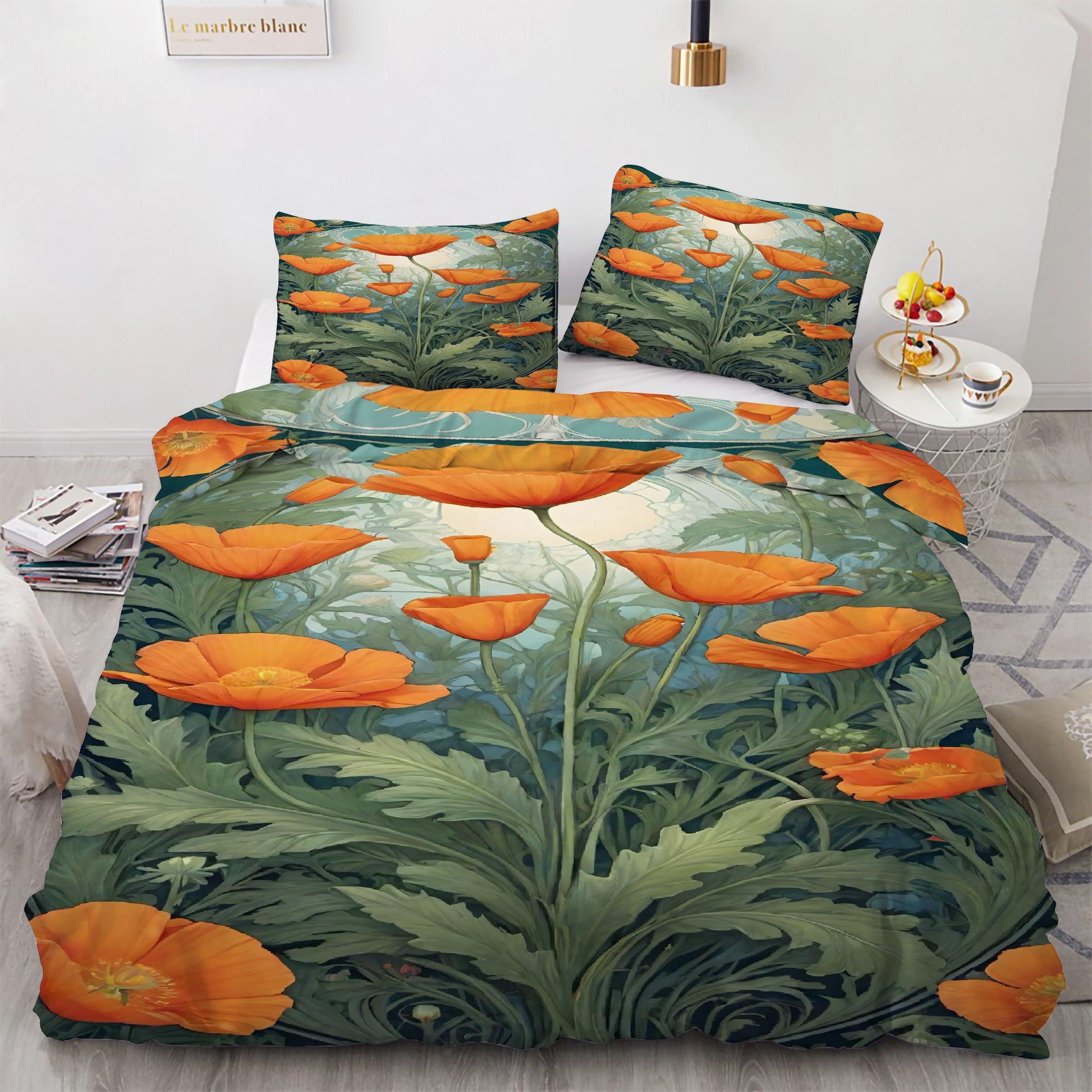 Housse de couette 240 x 260 parure de lit pavot microfibre 3 pièces avec taies