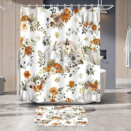 Miniatura 6 de Juego de cortinas de ducha de otoño de Acción de Gracias, juego de baño de calabaza otoñal con alfombras, acuarela, floral, decoración de baño con