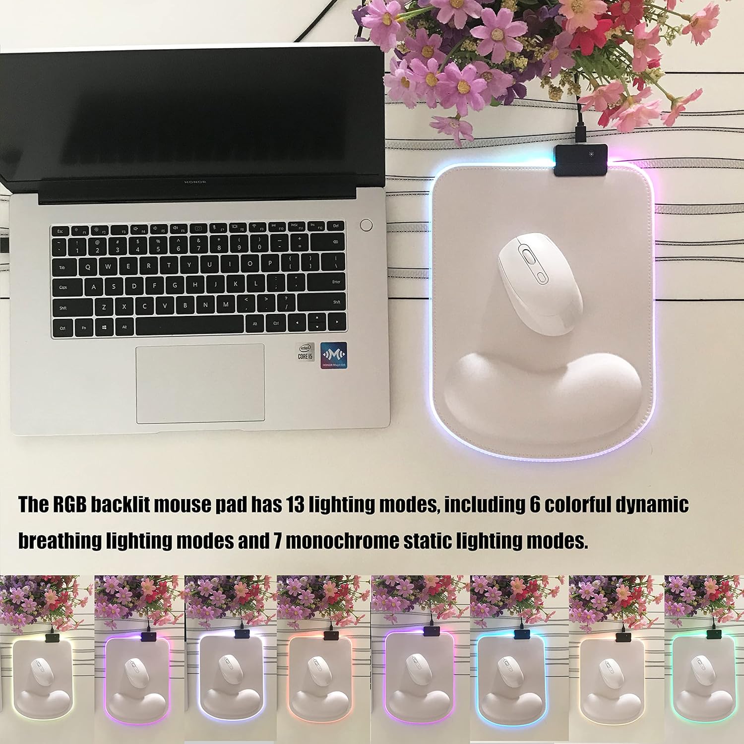 RGB LED Wrist Support Mouse Pad with 13 Lighting Modes, Anti-Slip Rubber Base, Pain Relief Ergonomic Gaming/Office/Home Mouse Pad, 11.8 x 8.5 in (White) - Image 2