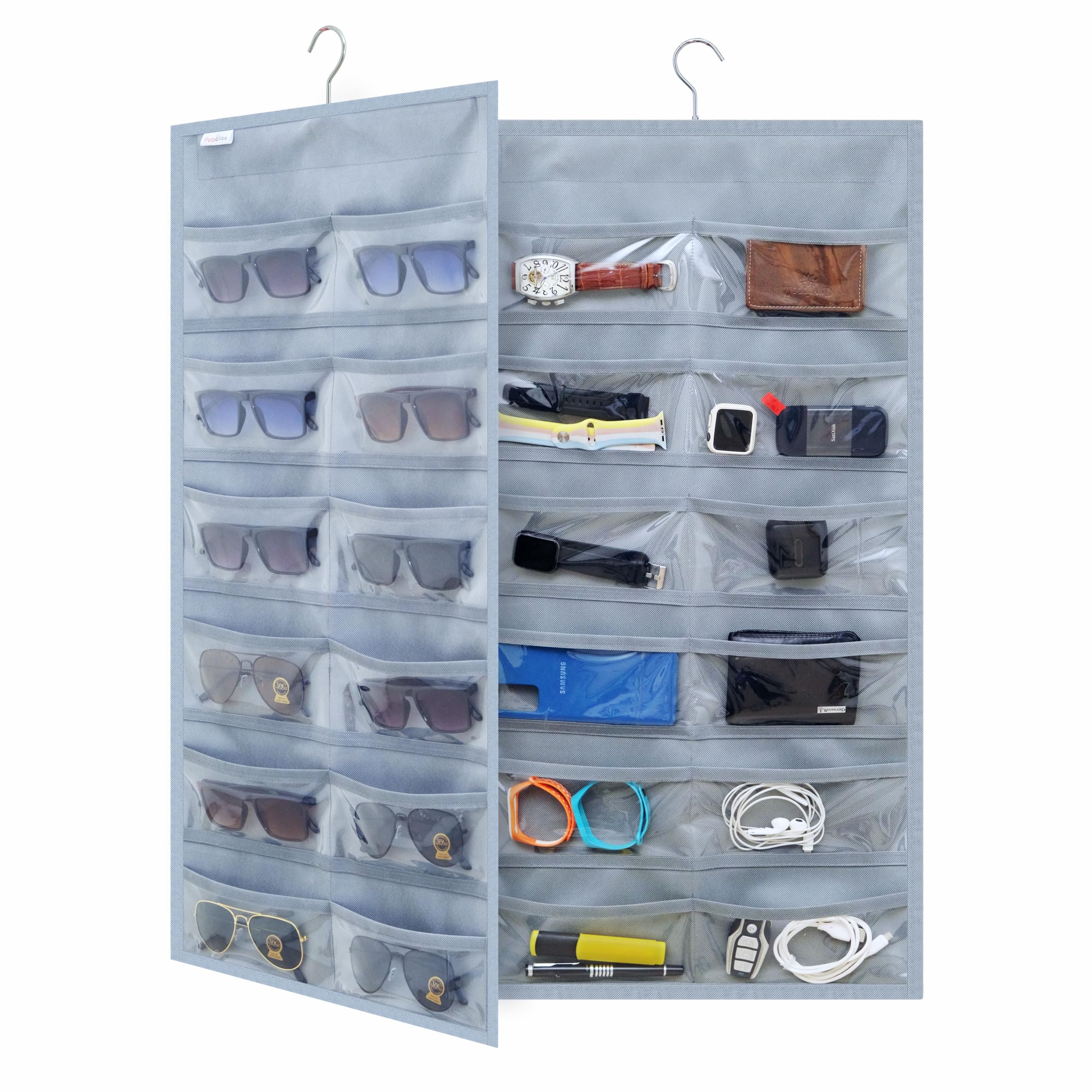 FAB ELLITE Dual-Sided Hanging Sunglasses Organizer | Dustproof Wall-Mounted Glasses Storage Case with 24 Clear Slots for Multiple Pairs | Travel-Friendly Eyeglasses Holder (Grey)