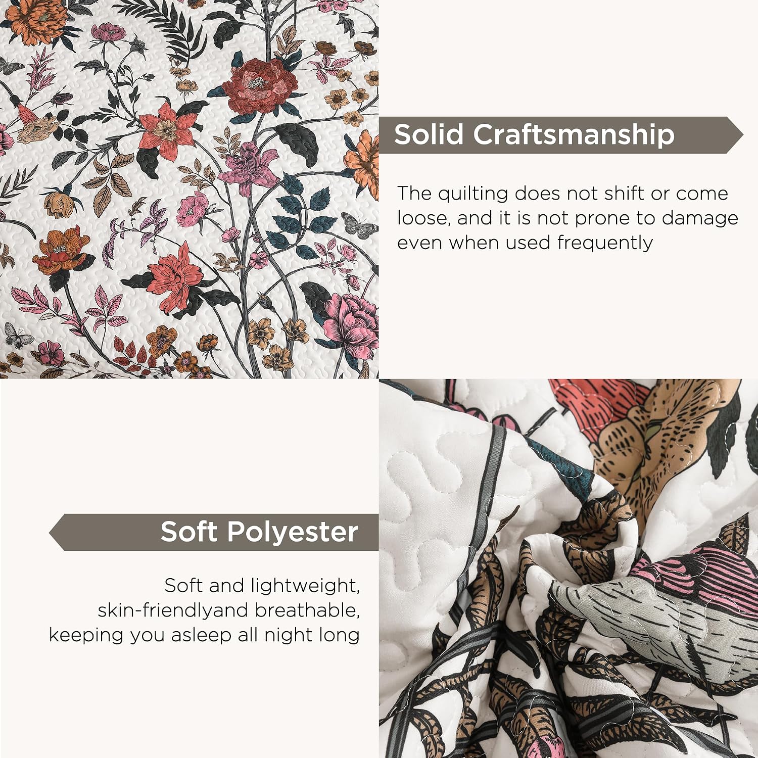 Litanika Floral White Quilt Oversized King - 3Pcs Botanical Birds Bed Set image 5