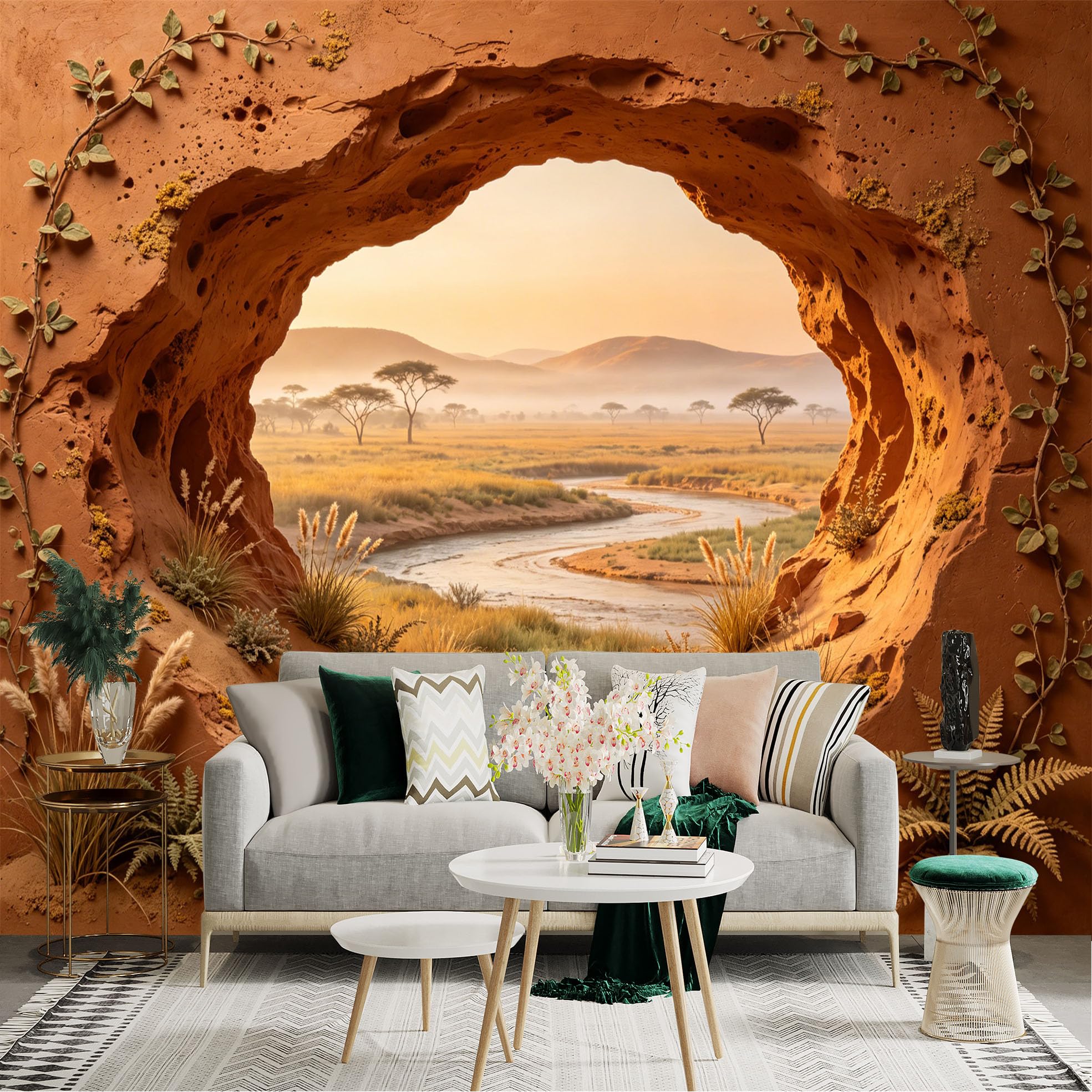 Custom Size Wall Sticker Mural， Desert Canyon View with River， Acacia Trees and Sunset Landscape， for wall Decoration， peelandstick wall Decals.