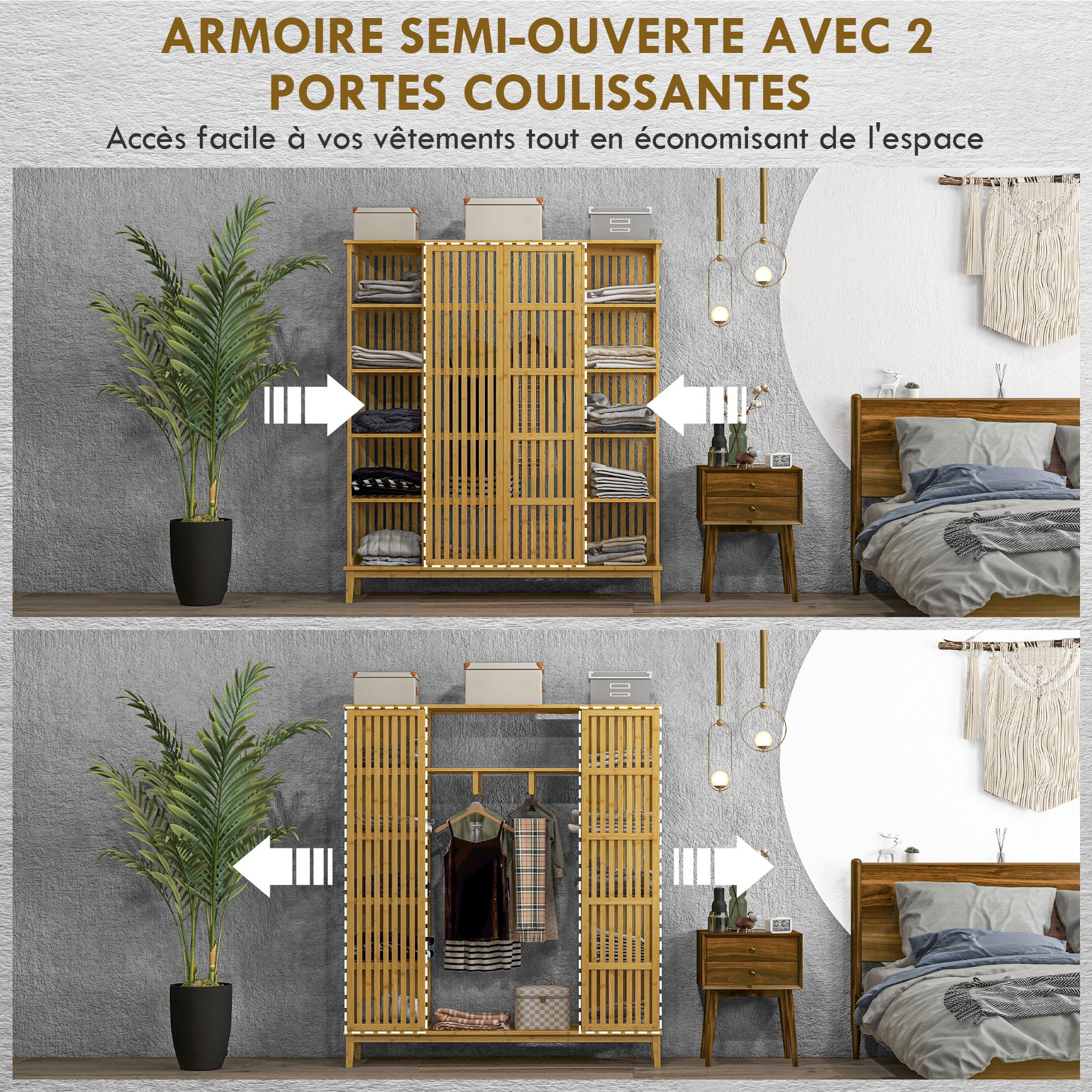 HOMCOM Armoire penderie en Bambou Armoire de Rangement avec 2 Portes coulissantes, étagères Ouvertes et Tringle pour la Chambre à Coucher, 145 x 35 x 165cm, Finition Bois Naturel