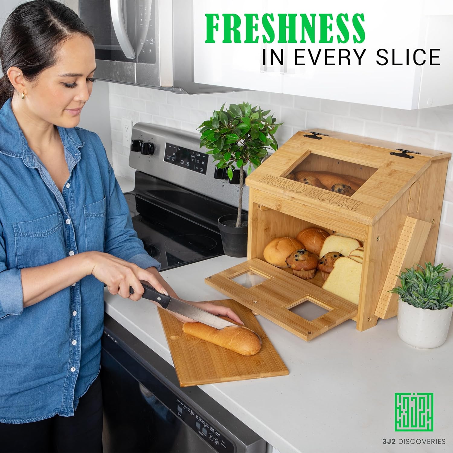 Bread Box for Kitchen Countertop – Large Wooden Bamboo Bread Box with Cutting Board (SELF-ASSEMBLY)