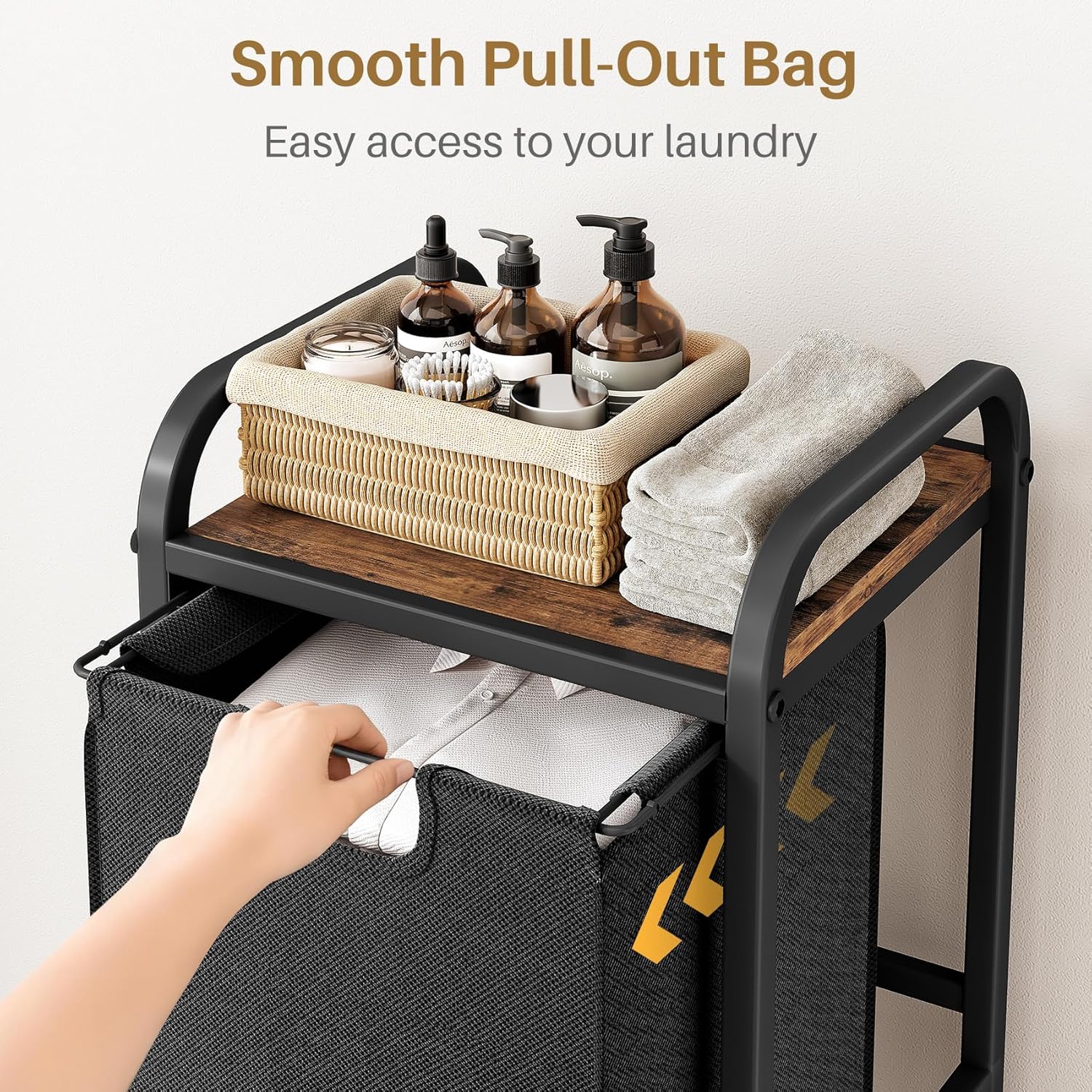 Kitstorack Laundry Hamper, Laundry Basket, Laundry Sorter with a Pull-Out and Removable Bag, Shelf, Metal Frame, 17 Gallons (62 L), Ink Black and Rustic Brown