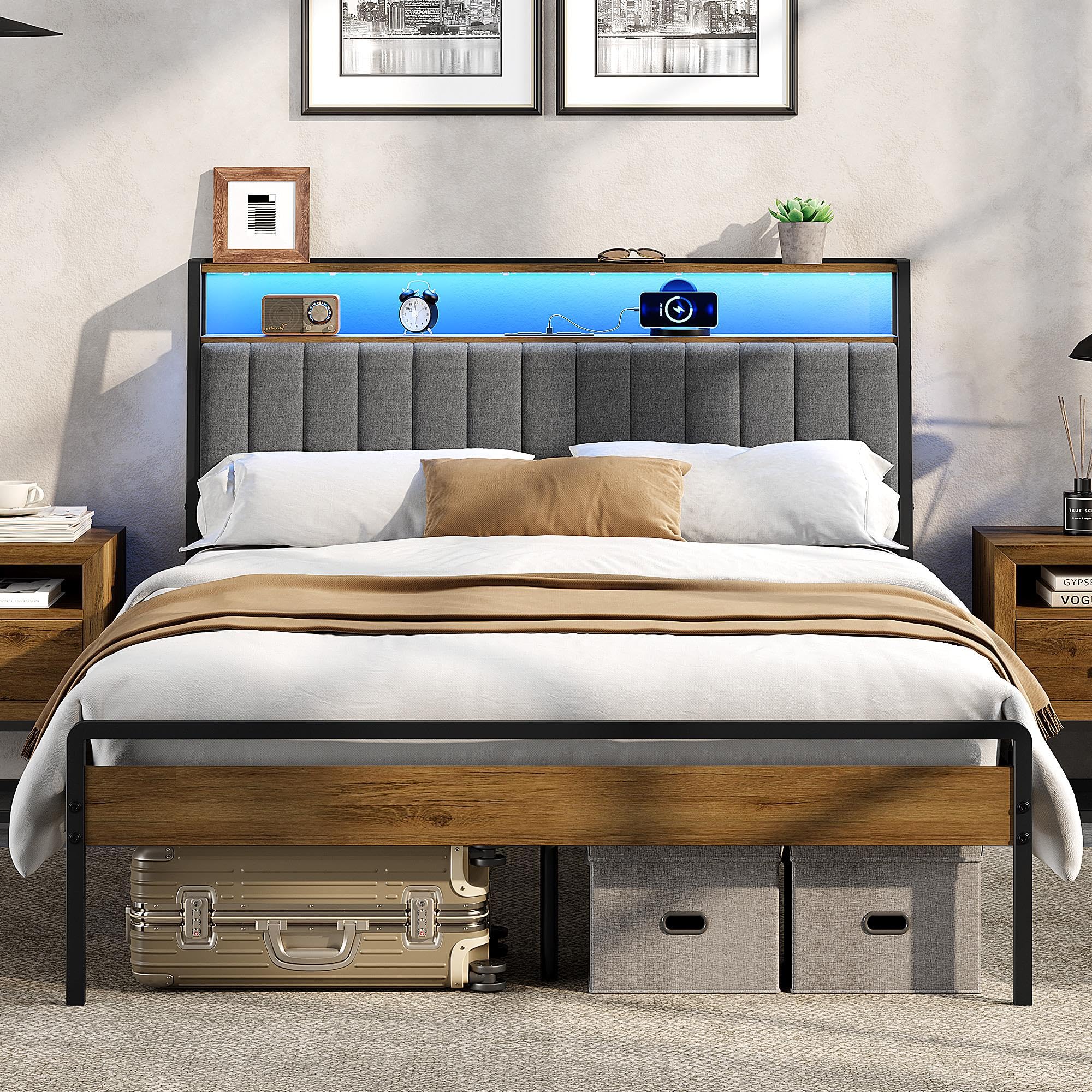 Yaheetech Double Bed Frame with Upholstered Storage Headboard, 135 x 190 Metal Wooden Bed with LED Lights and Charging Station, Industrial, Easy Assembly Double