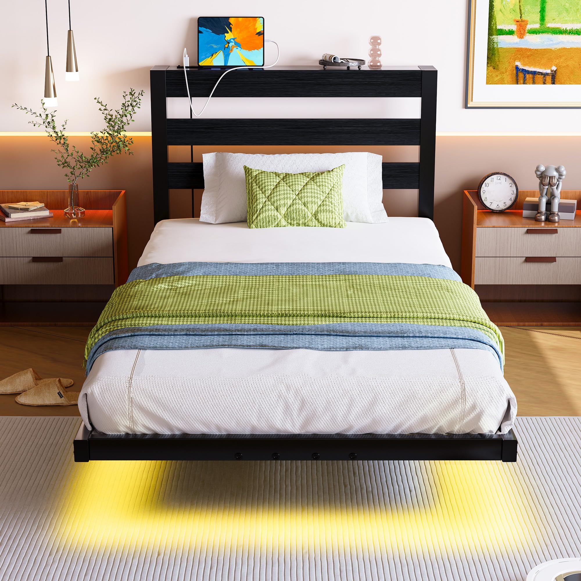 Telaio letto singolo galleggiante da 0,9 m con luci a LED e stazione di ricarica USB, struttura per letto in metallo con testiera in legno, non necessita di rete imbottita, supporto a doghe