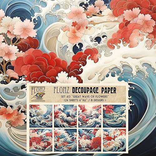 Decoupage - Paquete de papel (24 hojas de 6 x 6 pulgadas), gran ola de flores, # papel de patrón vintage de acuarela japonesa para decoupage,