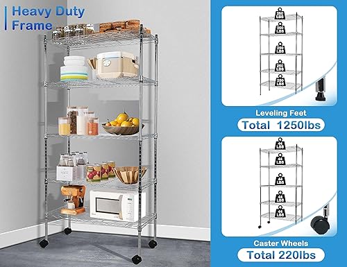 Miniatura 4 de Estantería de alambre de metal de 5 niveles con rueda, estante alto de almacenamiento, estantes de almacenamiento certificados NSF, 220 libras de