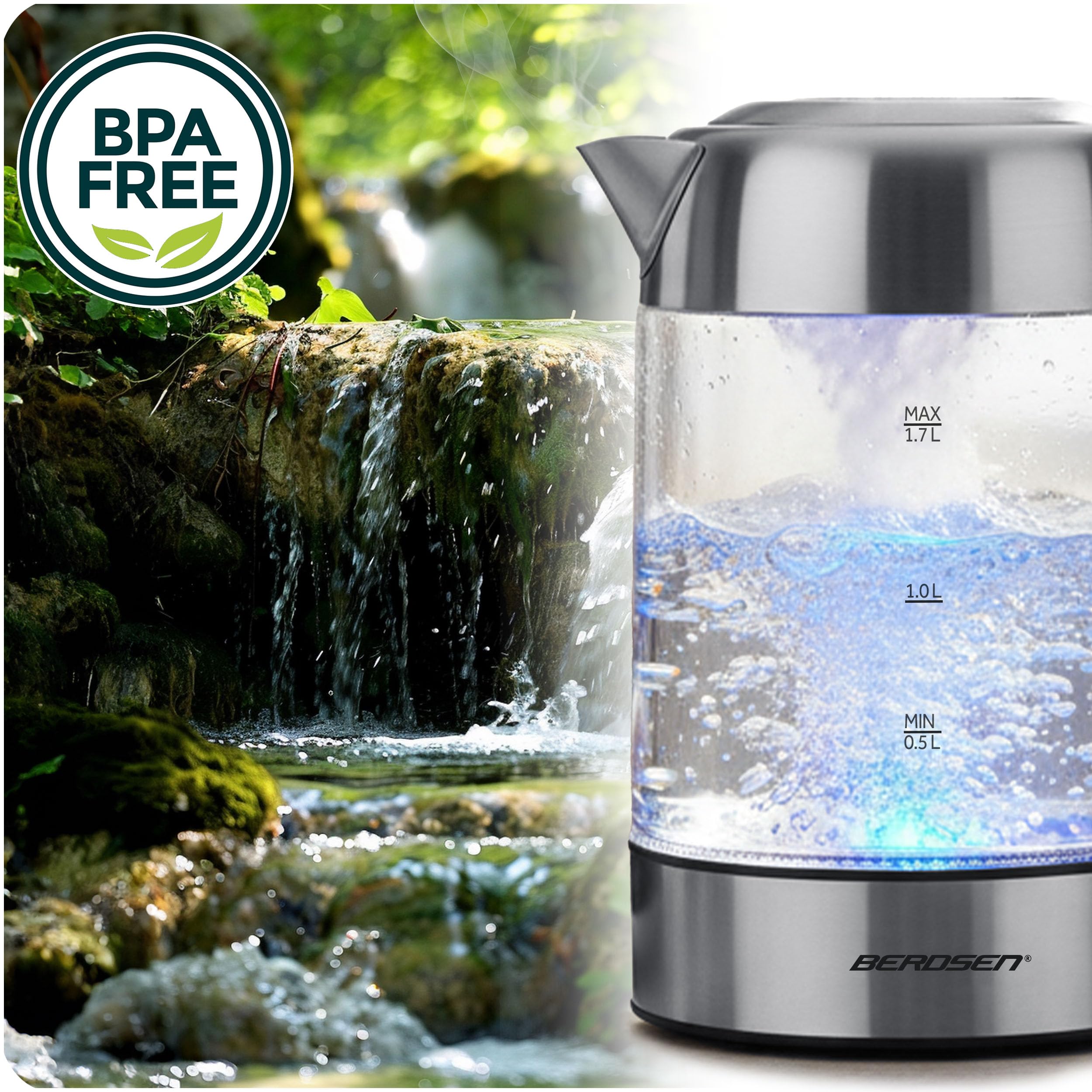 Berdsen Hervidor eléctrico con control de temperatura 60-100 °C - cristal LED - pantalla táctil - 2200 W - 1,7 l - acero inoxidable - plata y negro