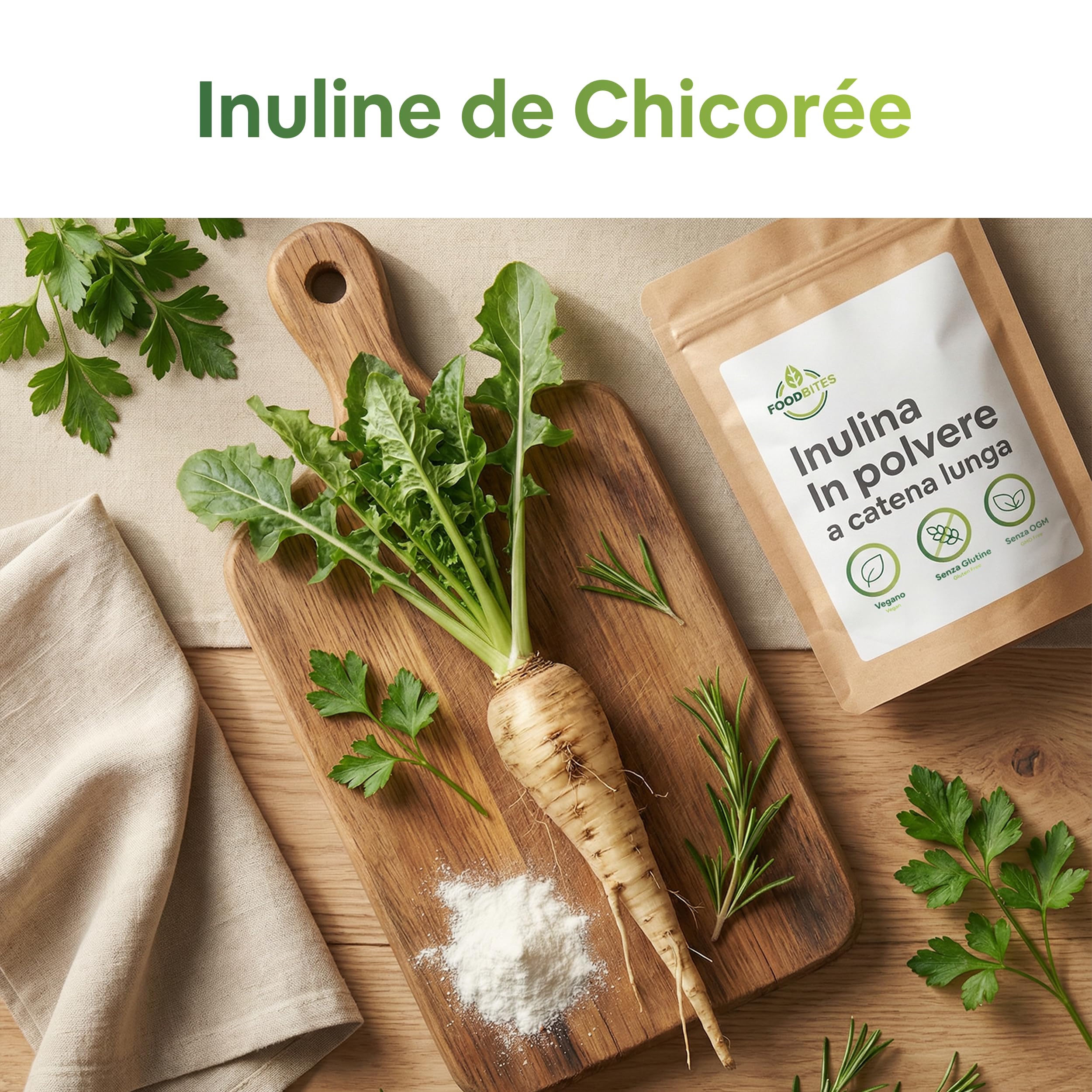 Inuline à Chaîne Longue 1 Kg - Inuline de Chicorée en Poudre 100% Pure - Fibre Prébiotique Végane et Sans Gluten - Fibre Alimentaire