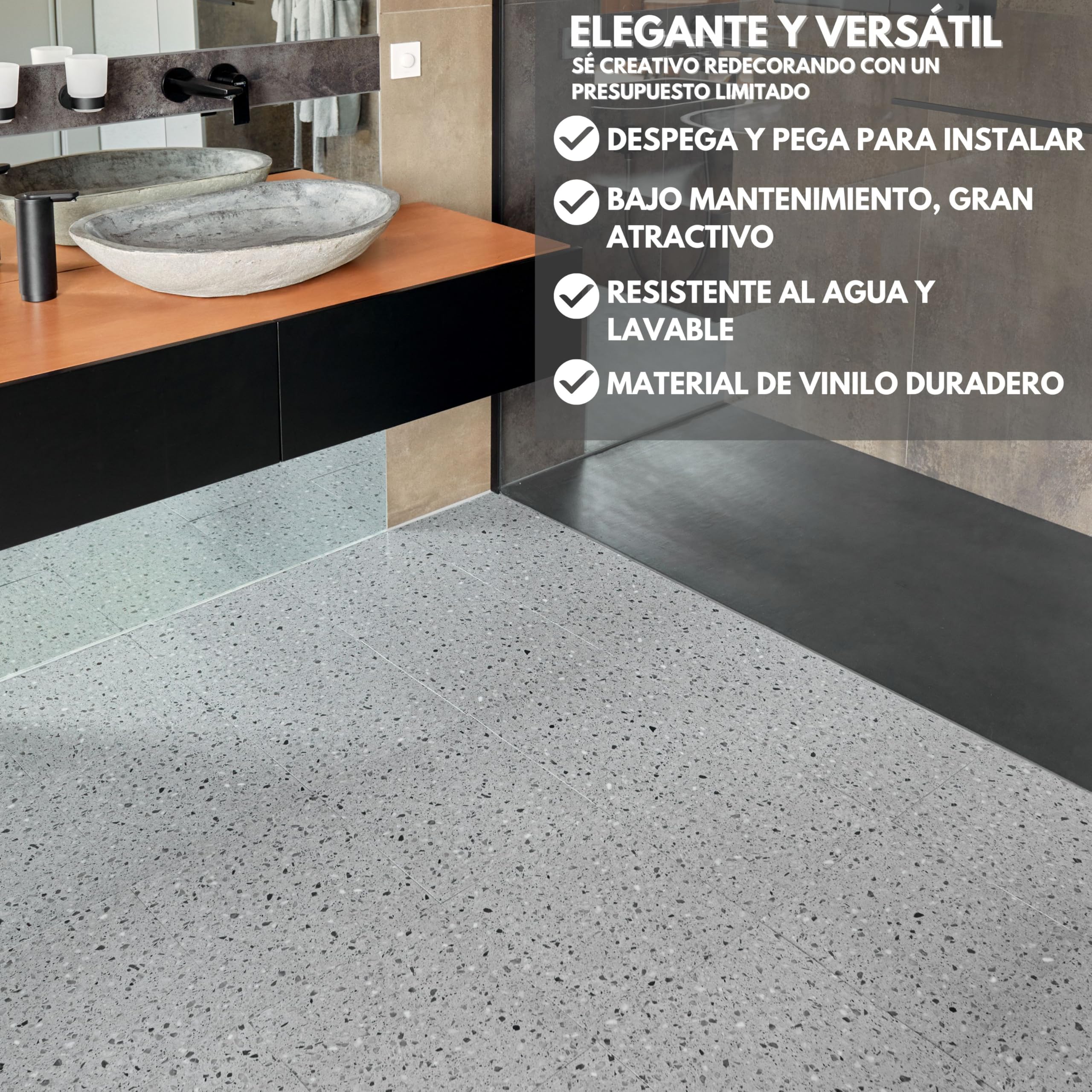 Suelo Vinilo Autoadhesivo Impermeable – Paquete de 10 Losetas Cuadradas, Cubre 0,93 m² – Cada Losa Adhesiva 30,5 x 30,5 cm – Suelo Vinílico Autoadhesivo Terrazo Gris Para Cocina, Baño y Salón