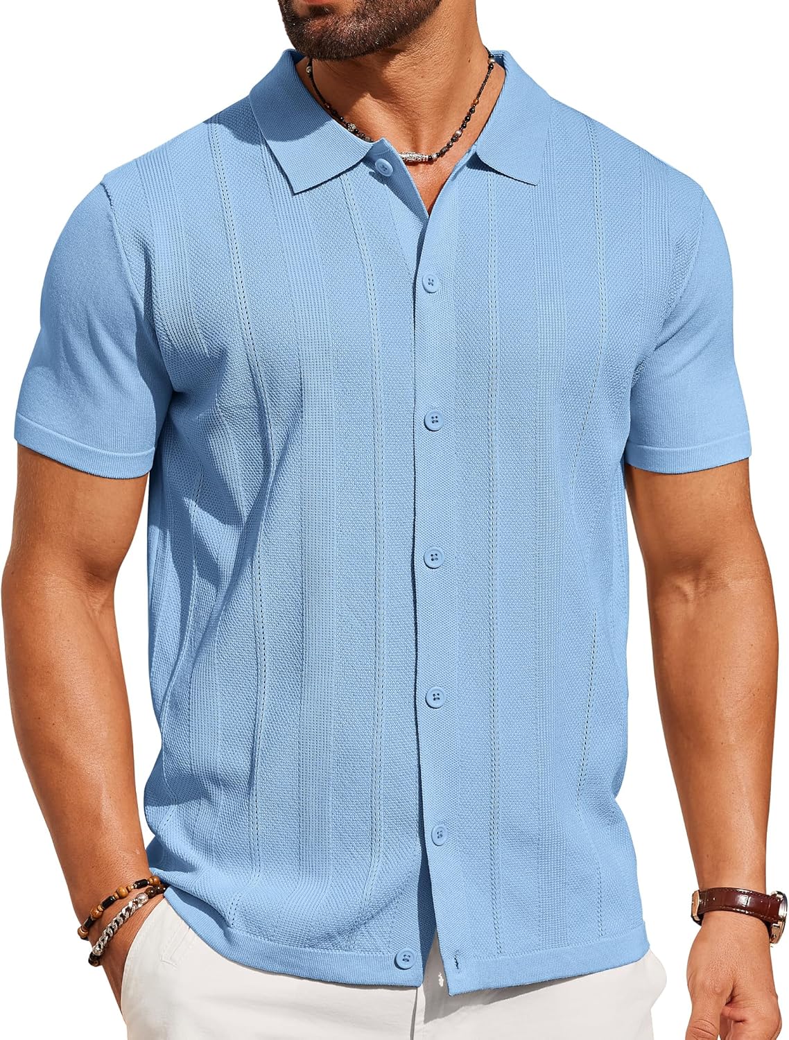 COOFANDY Mens Knit Shirt Short Sleeve Button Down Shirts Casual Summer Beach Vintage Polo Shirts