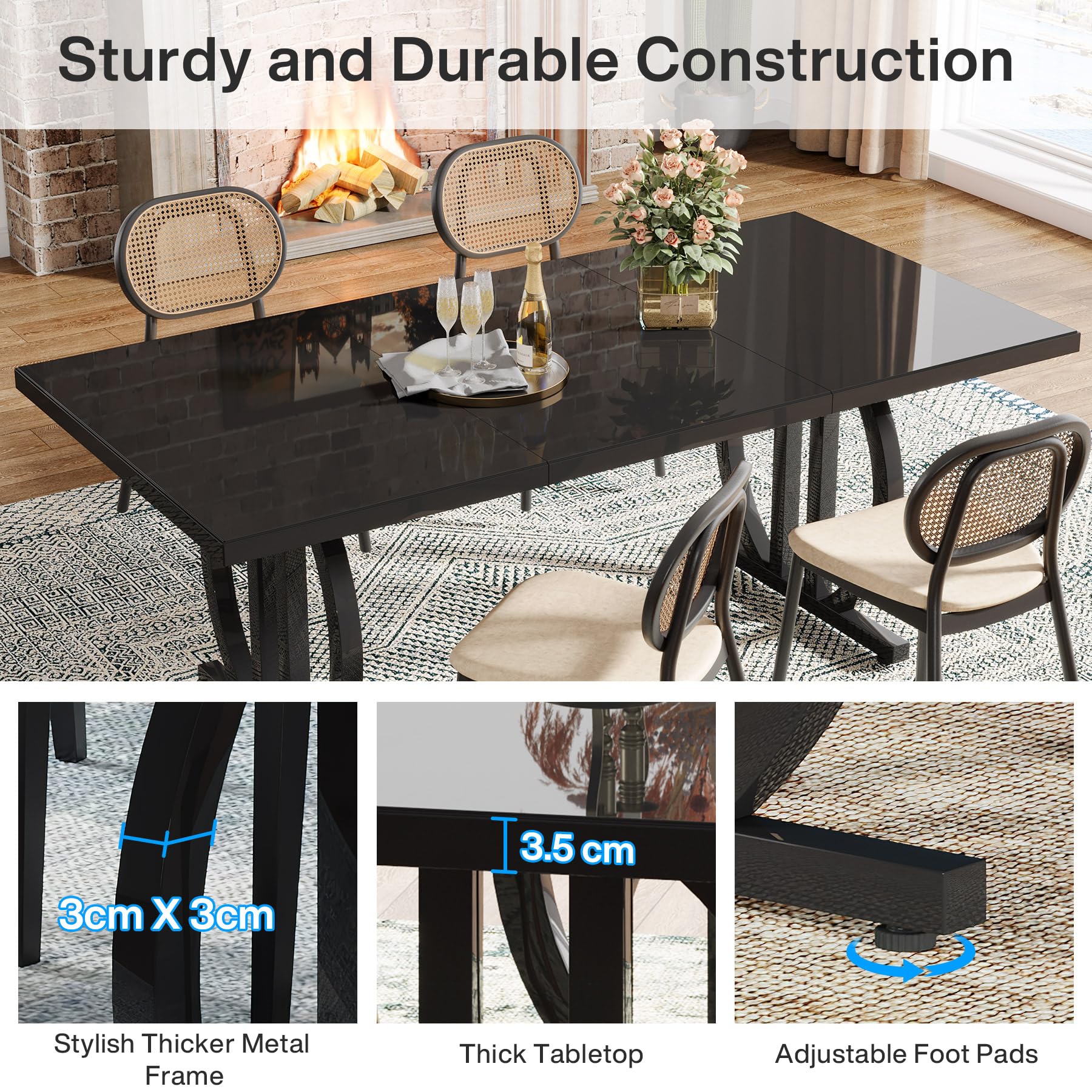 Tribesigns Mesa de comedor para 4-6 personas, 160 x 80 cm, mesa de comedor negra con marco de metal pesado, moderna mesa de cocina rectangular industrial mesa de comedor para la cocina del hogar