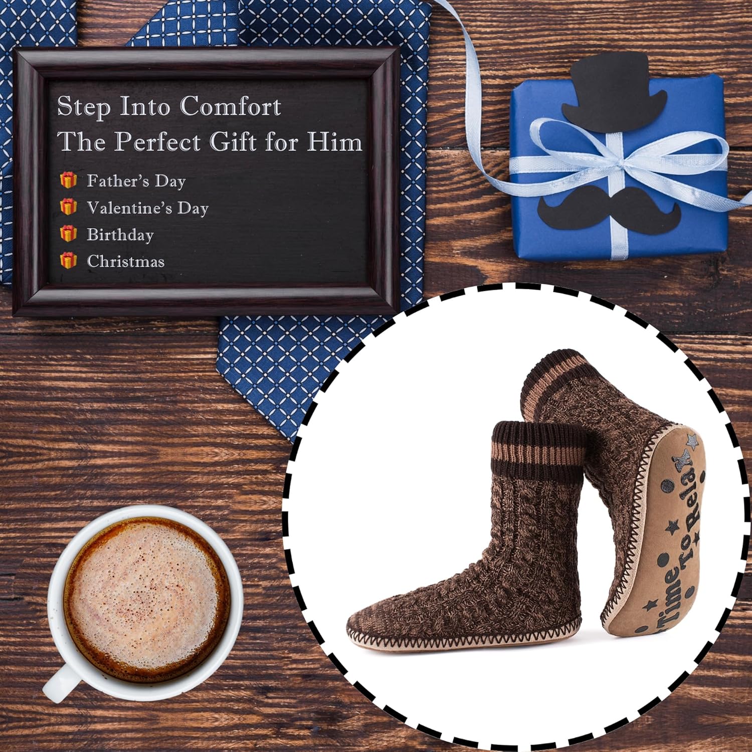 cosyone1997 Men's Slipper Socks, Winter Cable Knit Non-Skid Warm Slipper Socks, Cozy Soft Indoor Socks with Fluffy Sherpa Lined - Image 3