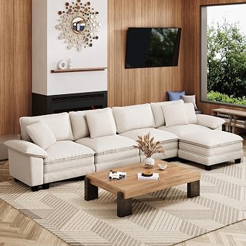 MIXPATIO 157-Inch L Shaped Sectional Sofa with Cloud Cushions, Deep Seat Modular Couch Set w/ 5 Seats & 1 Ottomans, Removable Arms, Plush Chenille Upholstery for Living Room, Apartment - Beige