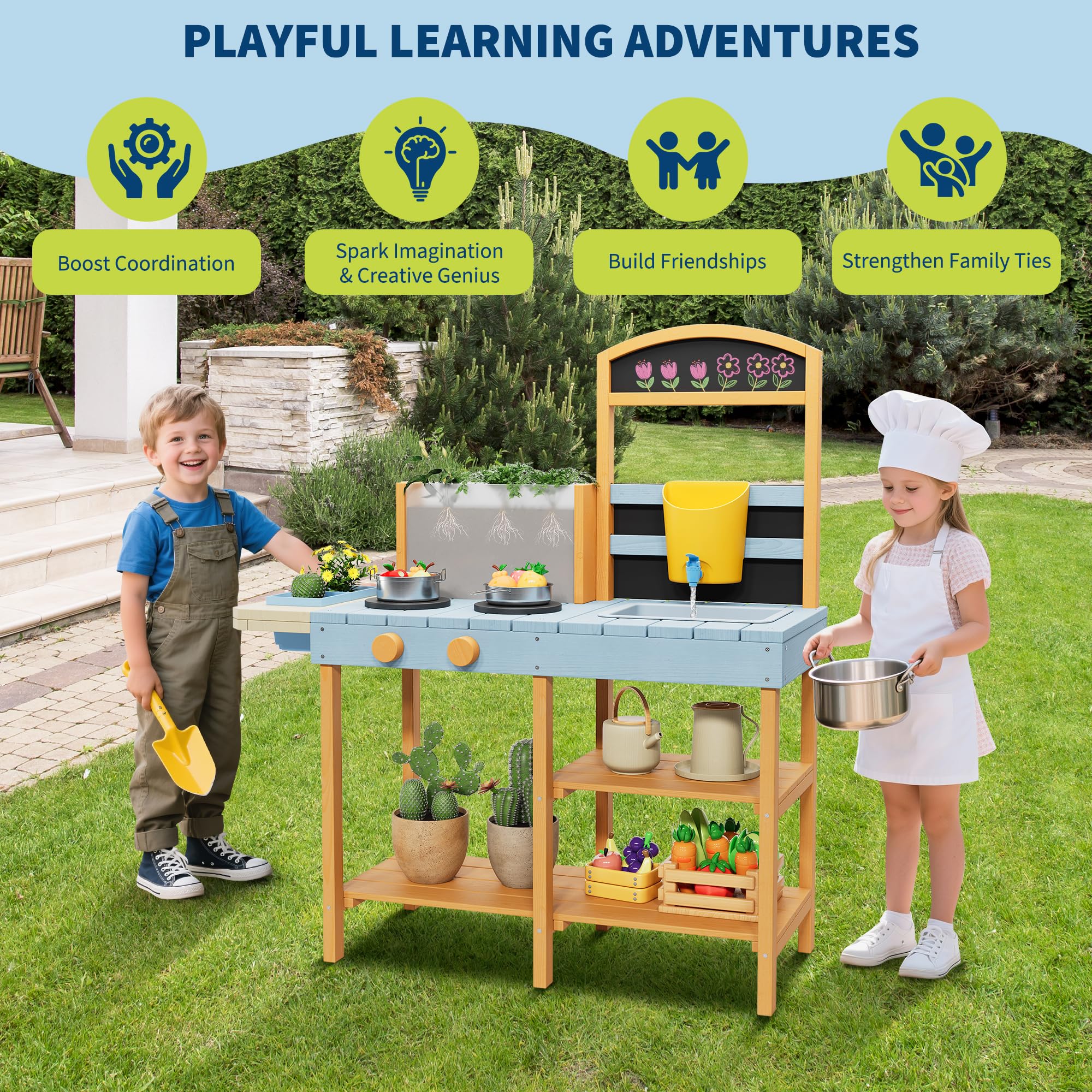 2-in-1 Outdoor Holz-Matschküche für Kinder ab 3 Jahren – Spielküche mit Kreidetafel, abnehmbarem Waschbecken, Wasserhahn, Pflanzkasten, Aufbewahrungsregalen und Herd – Sensorik-Spielset für