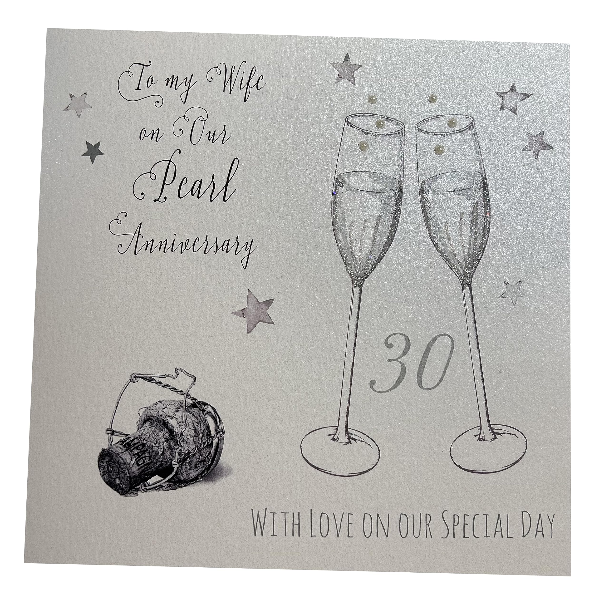 white cotton cards To My Wife on Our Pearl Anniversary, Handmade Large 30th Anniversary Card Champagne Glasses, XLWA30W