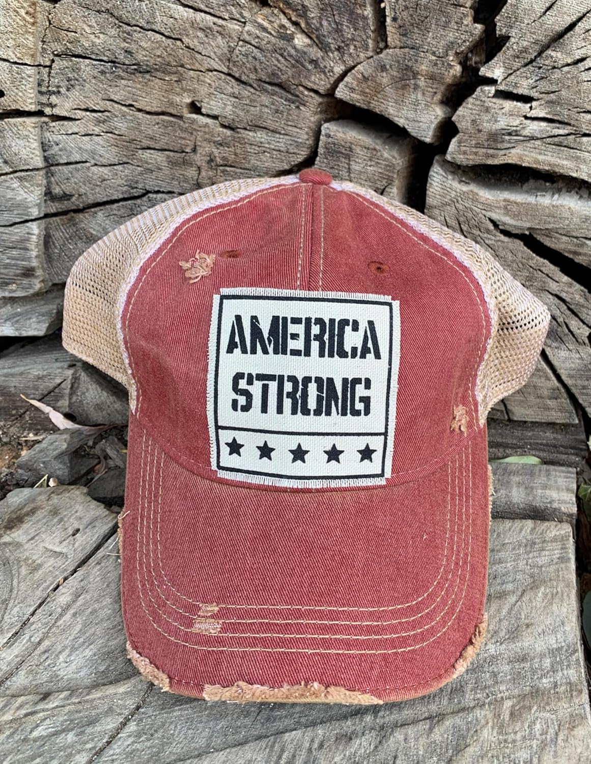 VINTAGE LIFE America Strong Vintage Distressed Trucker Cap, Dark Red, Adult Headwear Accessories
