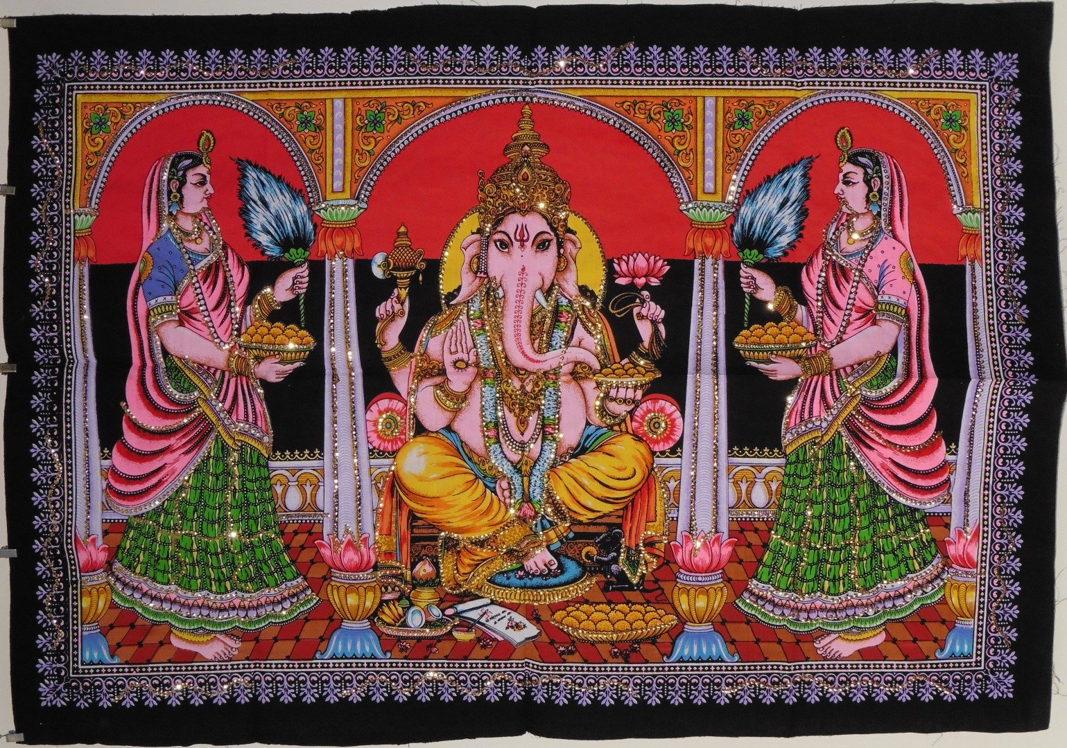 Pilgrims Fair Trade Sequin Cotton Shrine Picture Wall Art Hindu God Ganesh with Indian Ladies Wall Hanging 110 x 80 cm