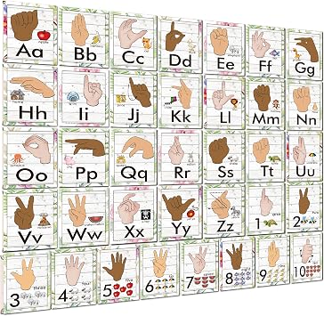 YIYDONG 36 Pieces ASL Alphabet Line Bulletin Board Set ABC Number Sign Language Flash Cards Wall Decorations for Pre-School Kindergarten Elementary Classroom Nursery Homeschool Farmhouse