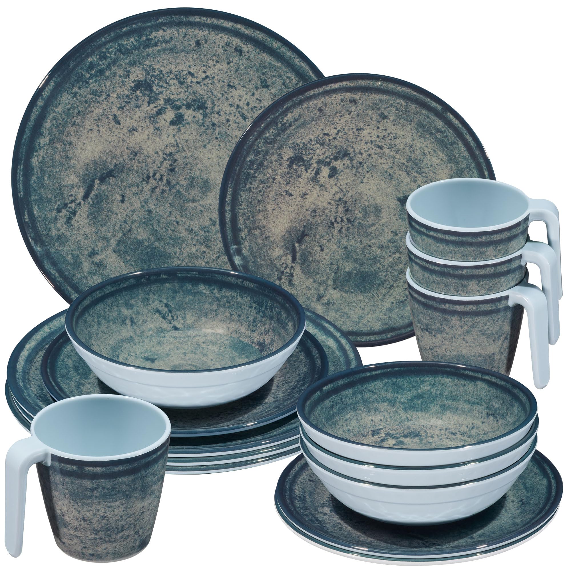Melamin Geschirr Set Mondgranit Blau-Grau für 4 Personen Camping Picknick