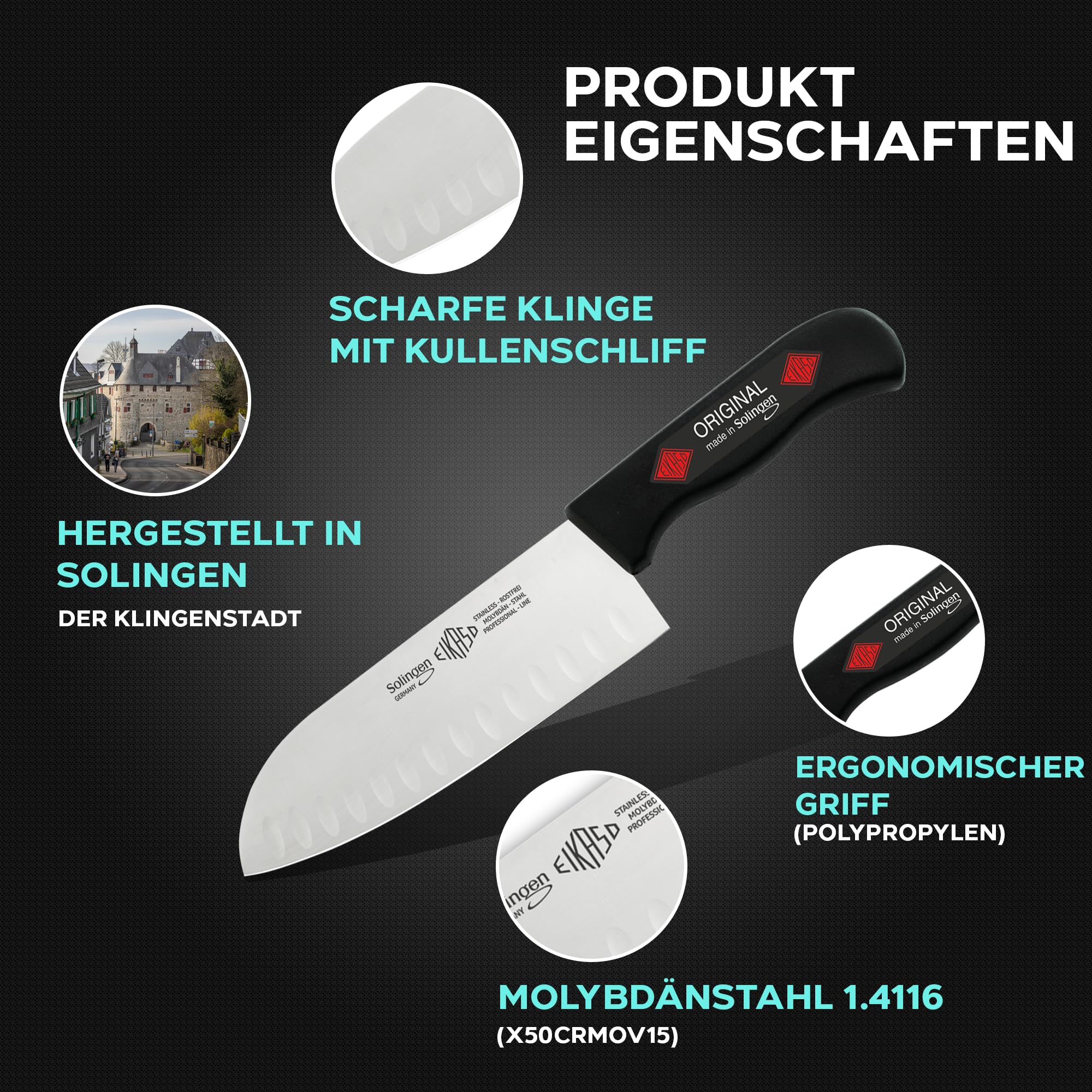 EIKASO Solingen Allzweckmesser Haushaltsmesserset für Profis und Privat Klinge aus Molybdänstahl 1.4116 Kochmesser Brotmesser Ausbeinmesser mit ergonomischen Griff