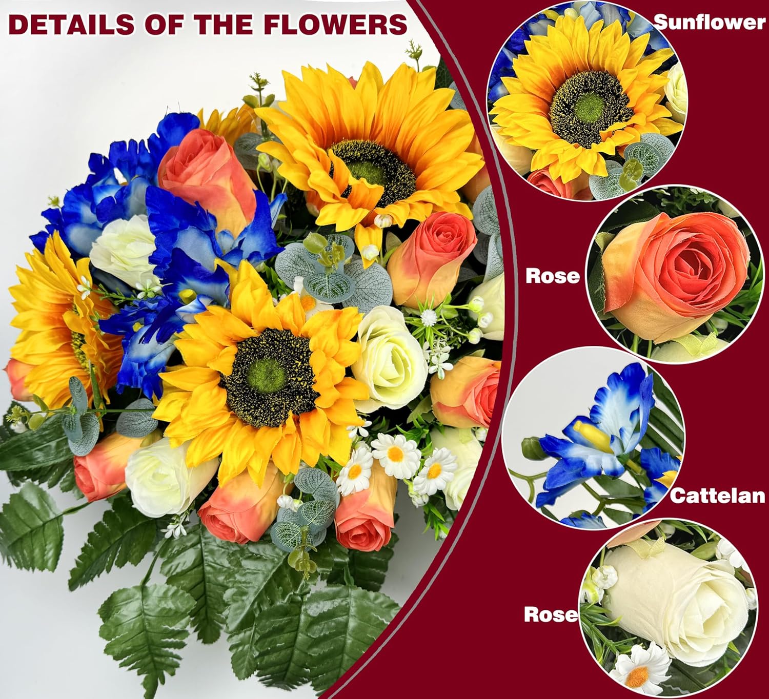 Naramiji Artificial Cemetery Flowers for Grave Decoration: Sympathy & Memorial Bouquets with Headstone Saddle – Sunflower, Rose, Cattleya – Fade-Resistant